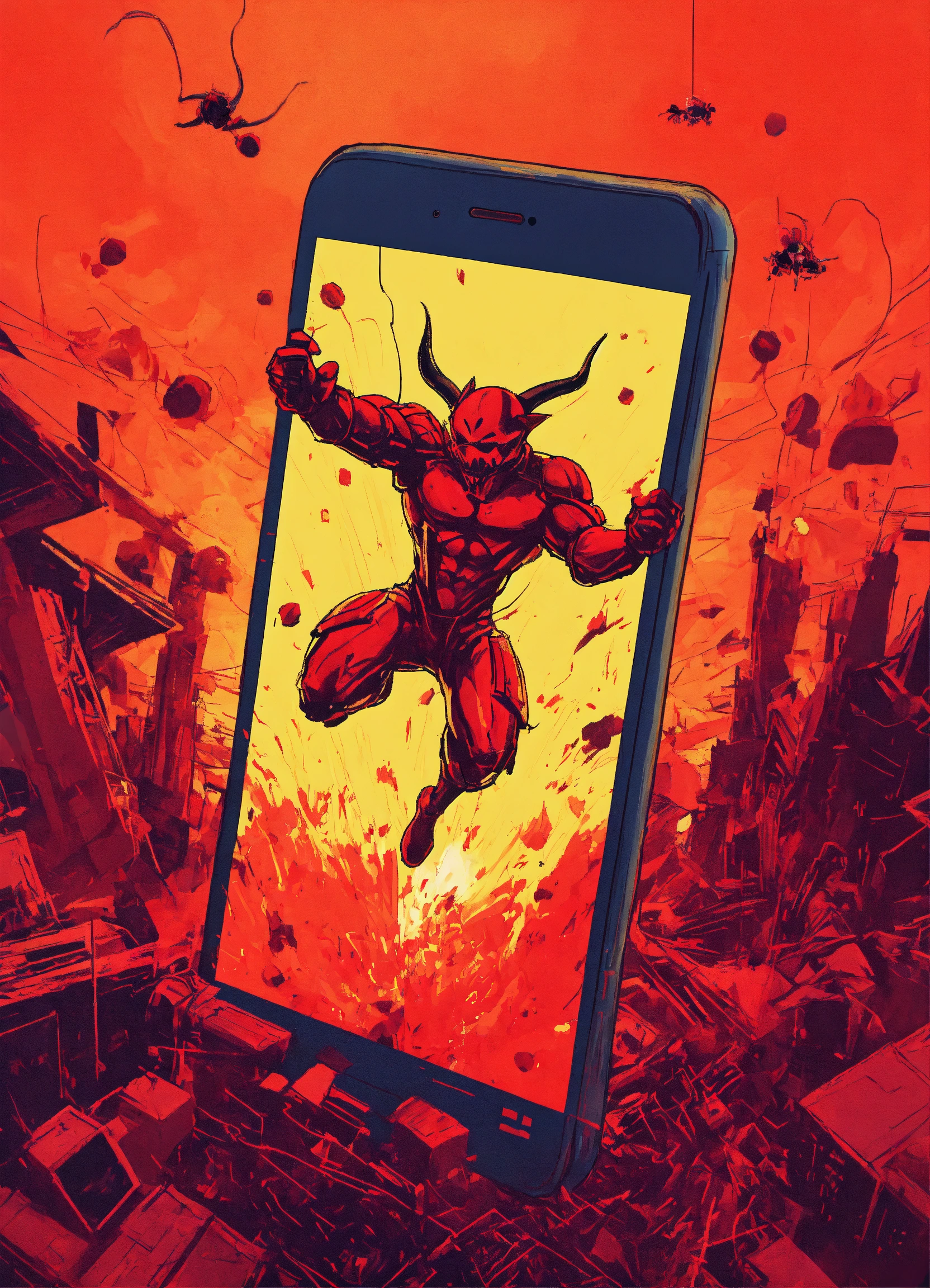 Lexica - Techno devil jumping upside down into smart phone screen cyber ...