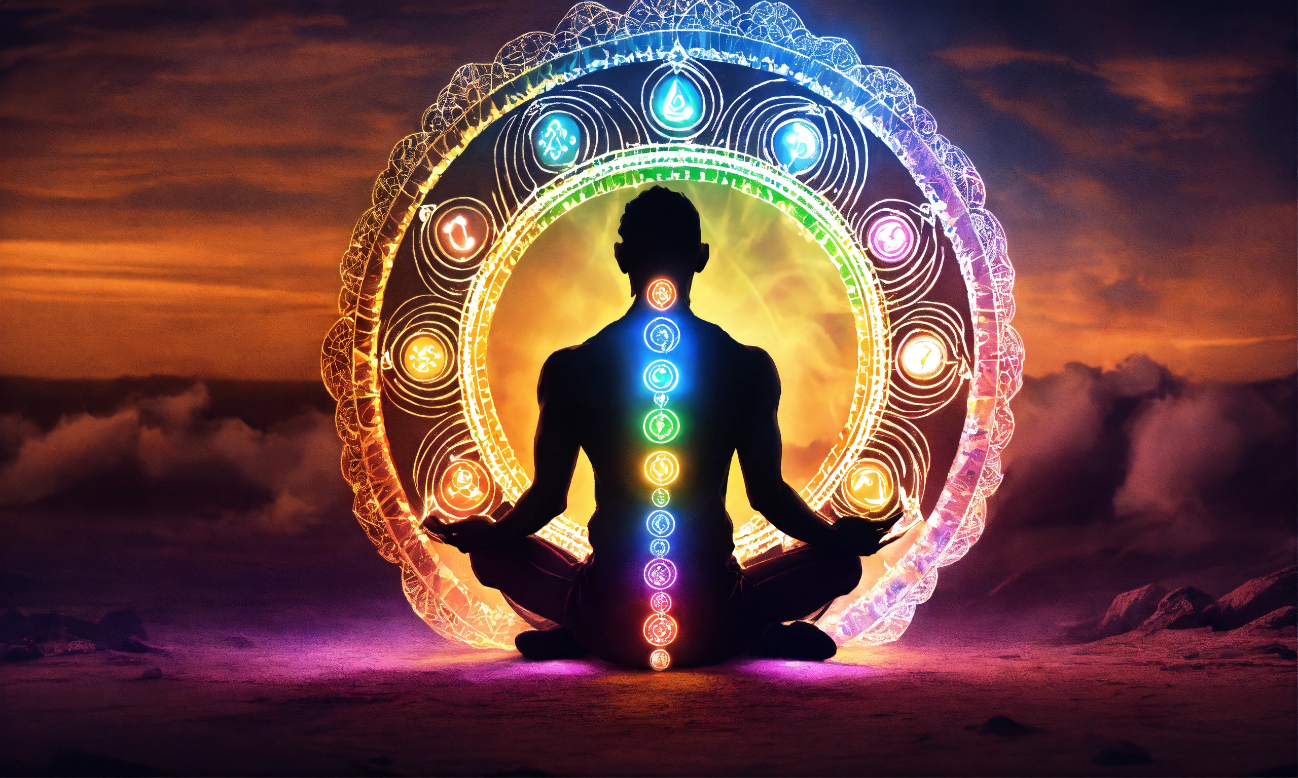 Lexica - Man sitting, chakras lit up, 4k, high resolution, photo quality