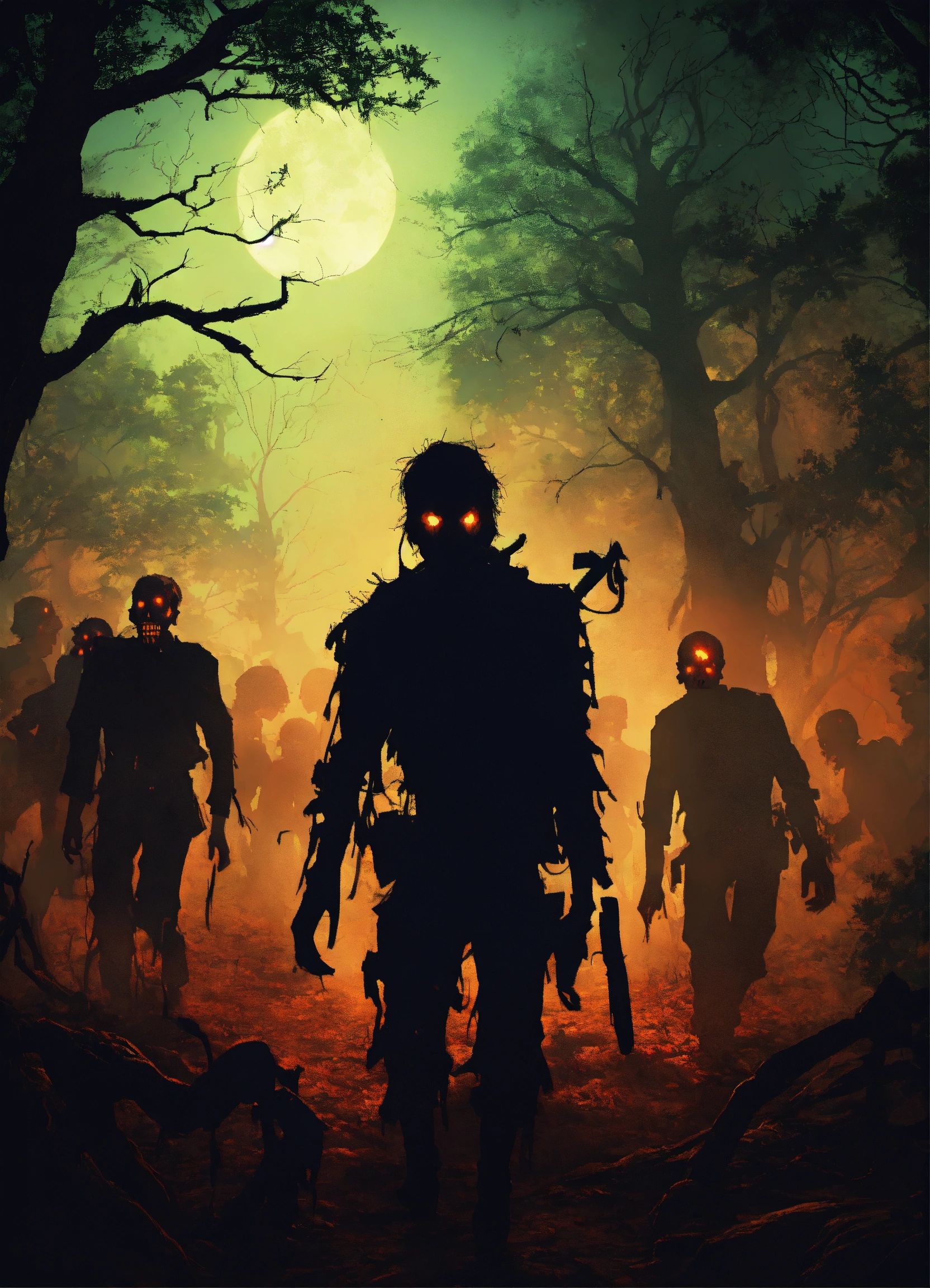 Lexica - Zombies in forests with silhouetted zombies in the background ...