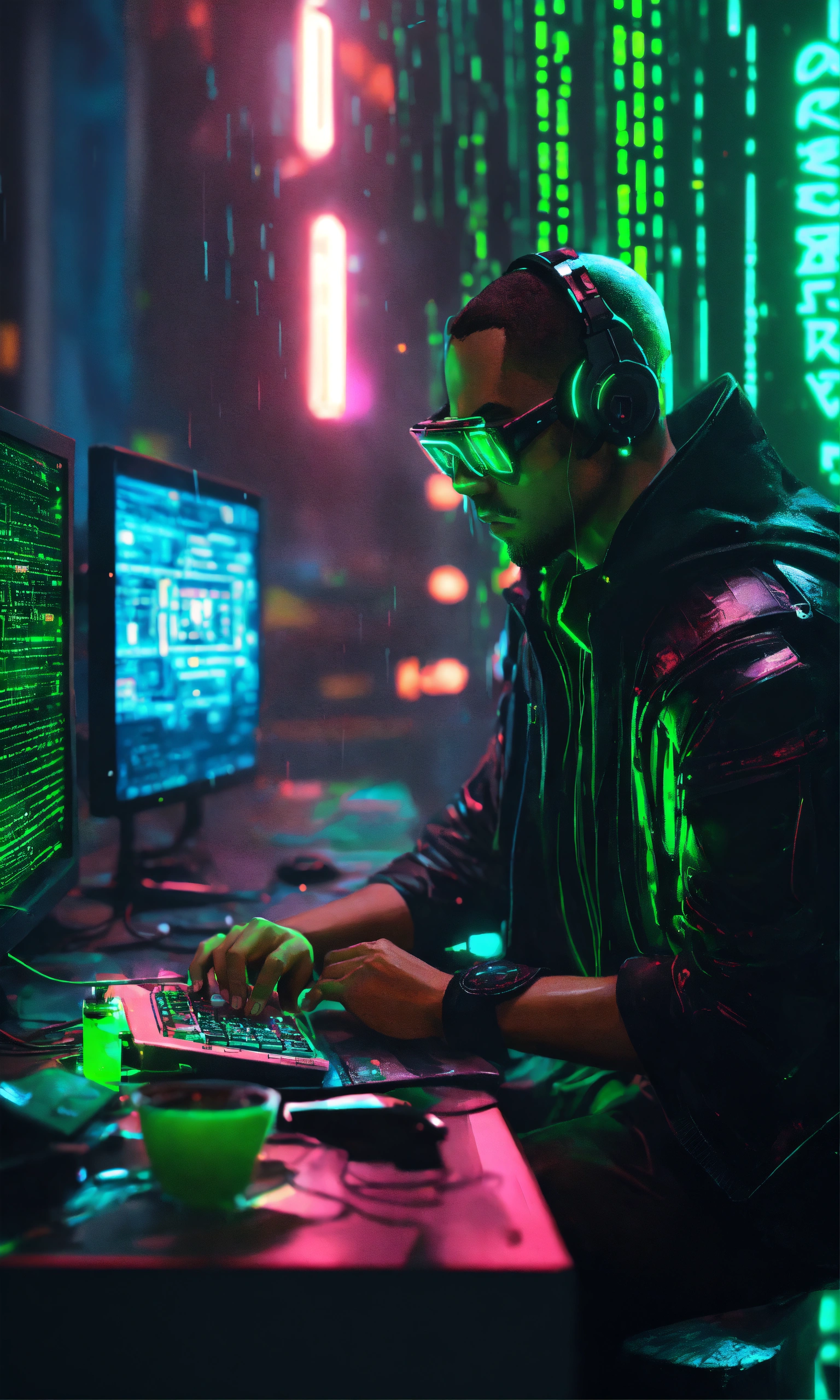 Lexica - Text male, green and black futuristic, cyberpunk programmer ...