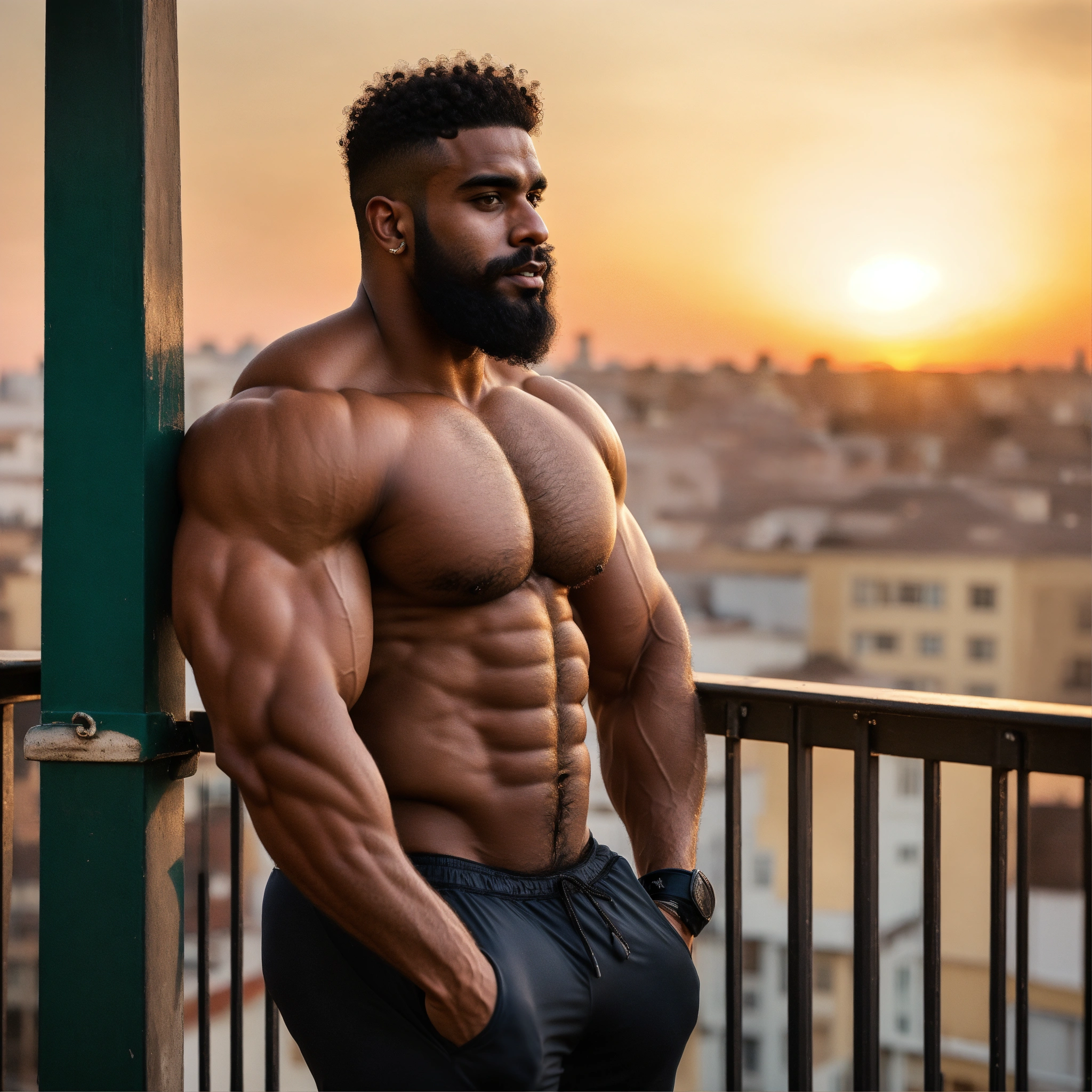 Lexica - 30-year-old hairy Black Arab man with big muscles, big  bodybuilder, body like a wrestler, on a balcony at sunset