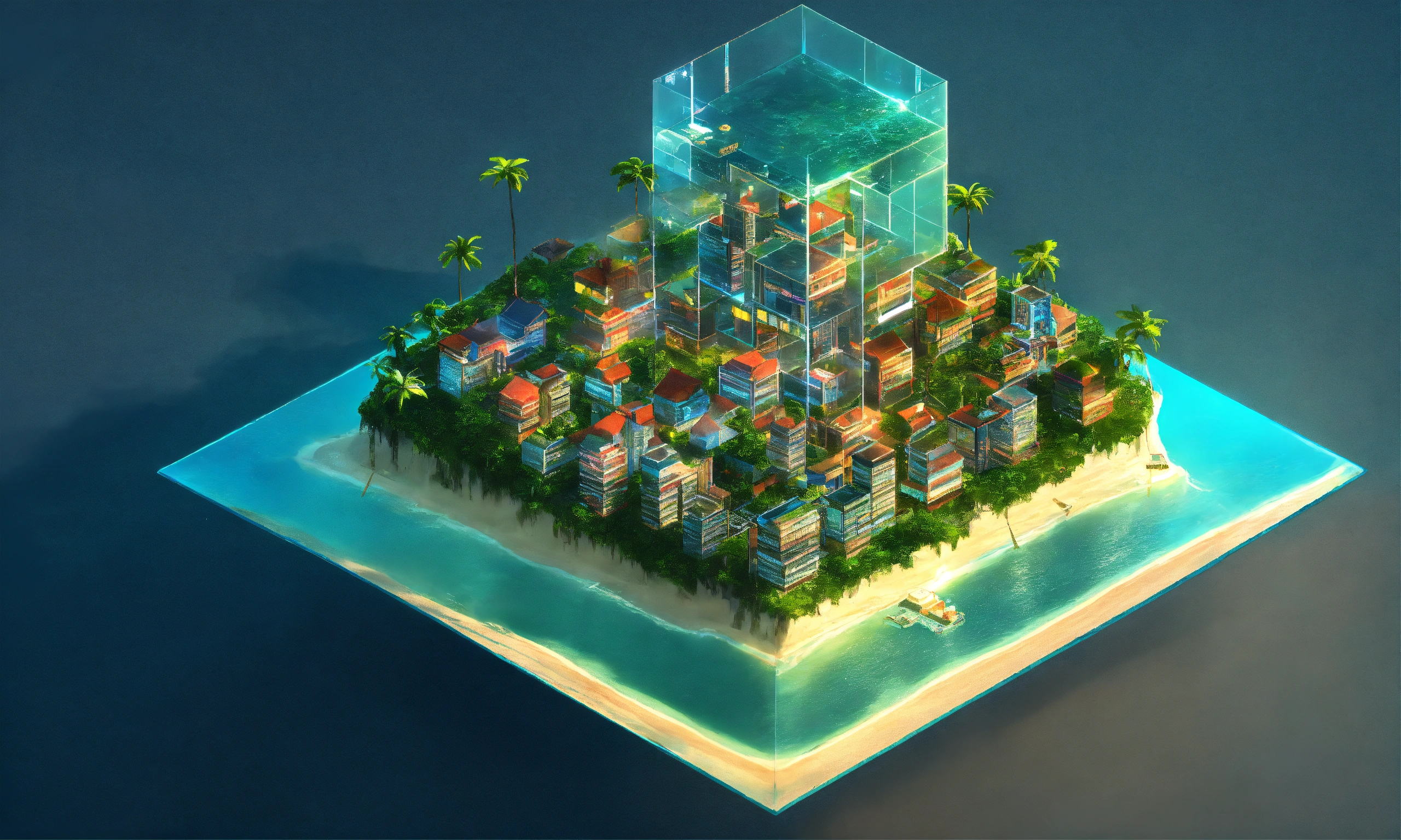 Lexica - A single small tropical island alone in the ocean, buildings ...