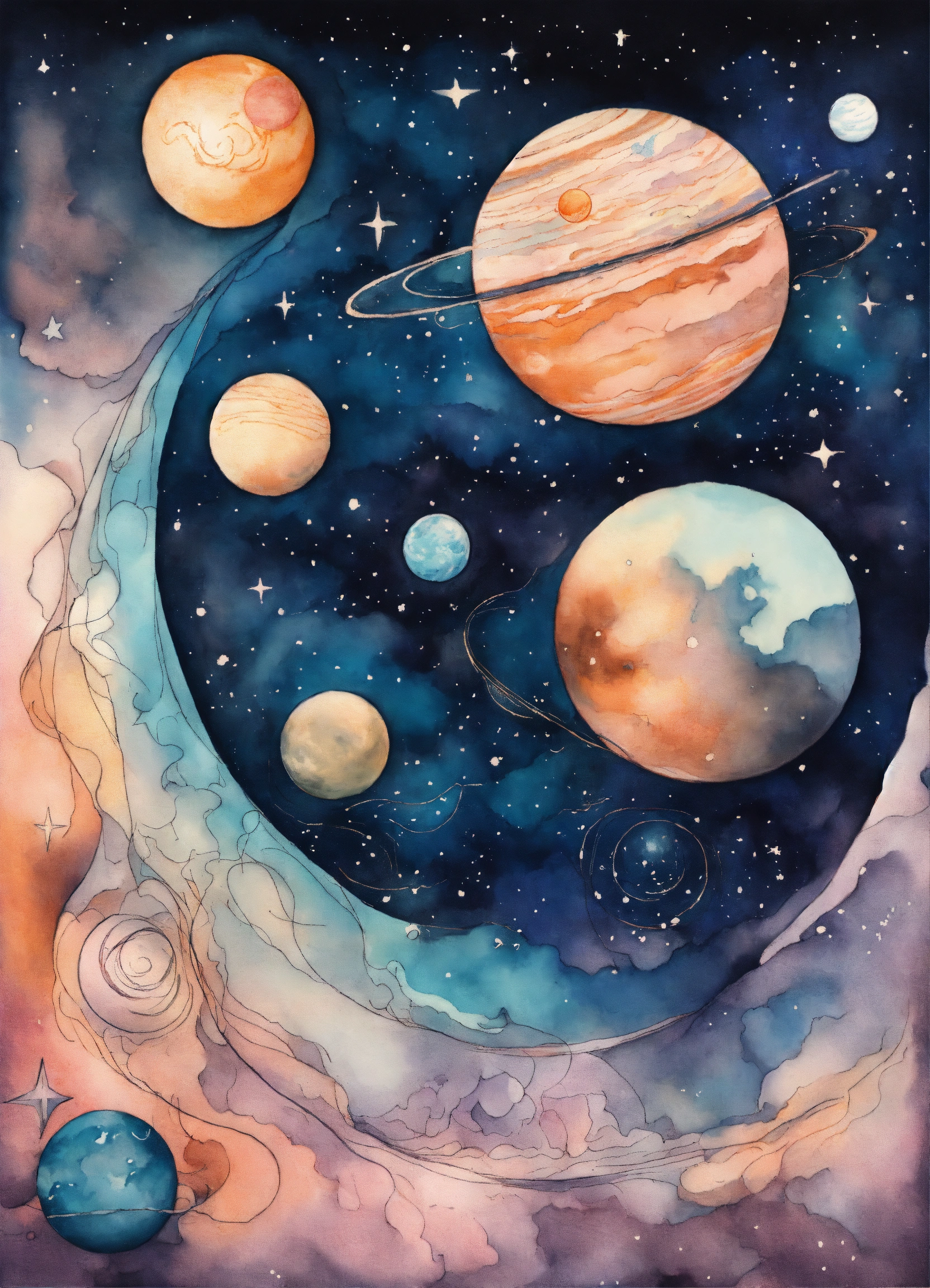 Lexica - Ink drawing tattoo style image of planets and stars ...
