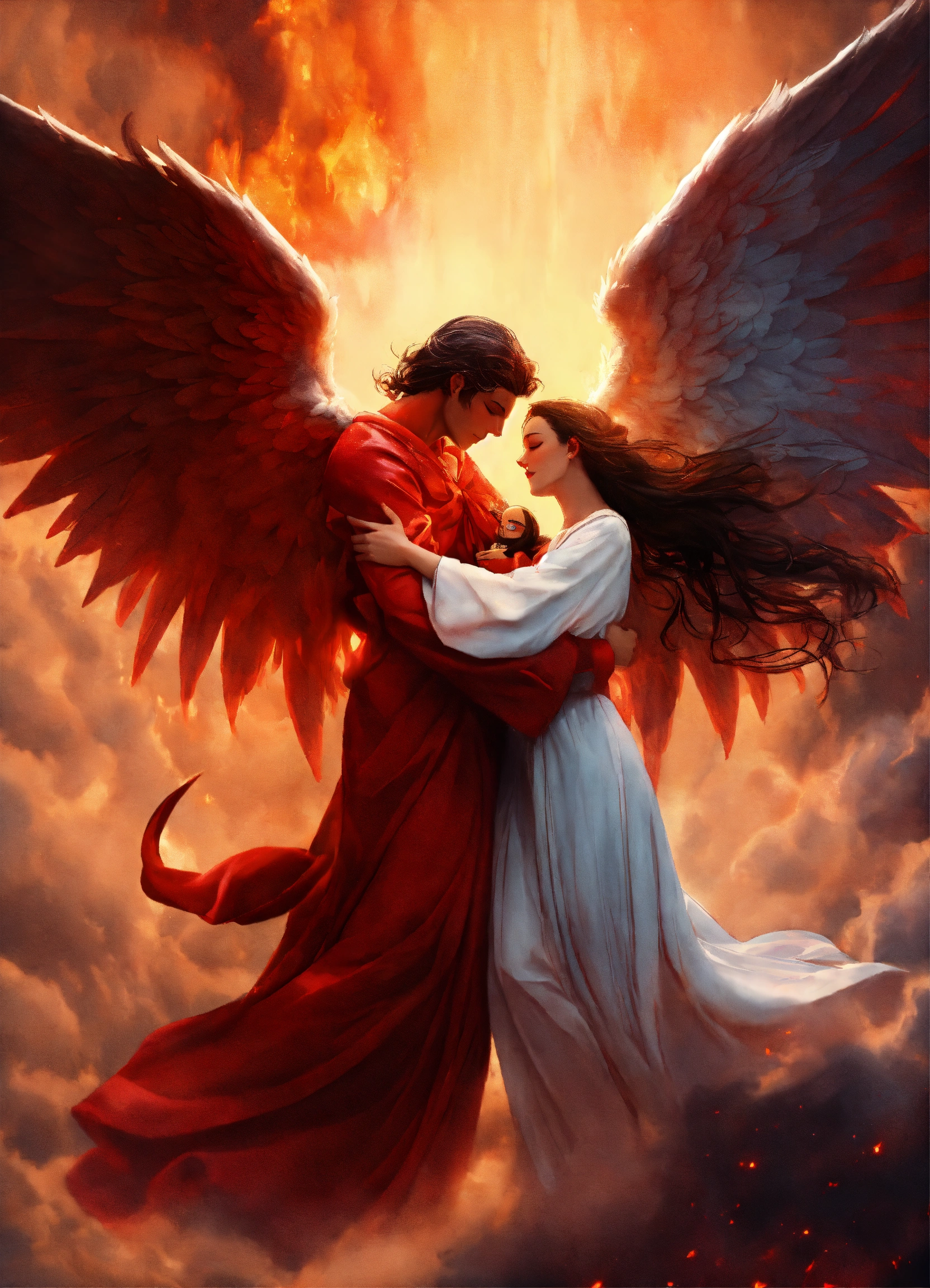 Lexica - Demon hugging an angel, flying, wide shot