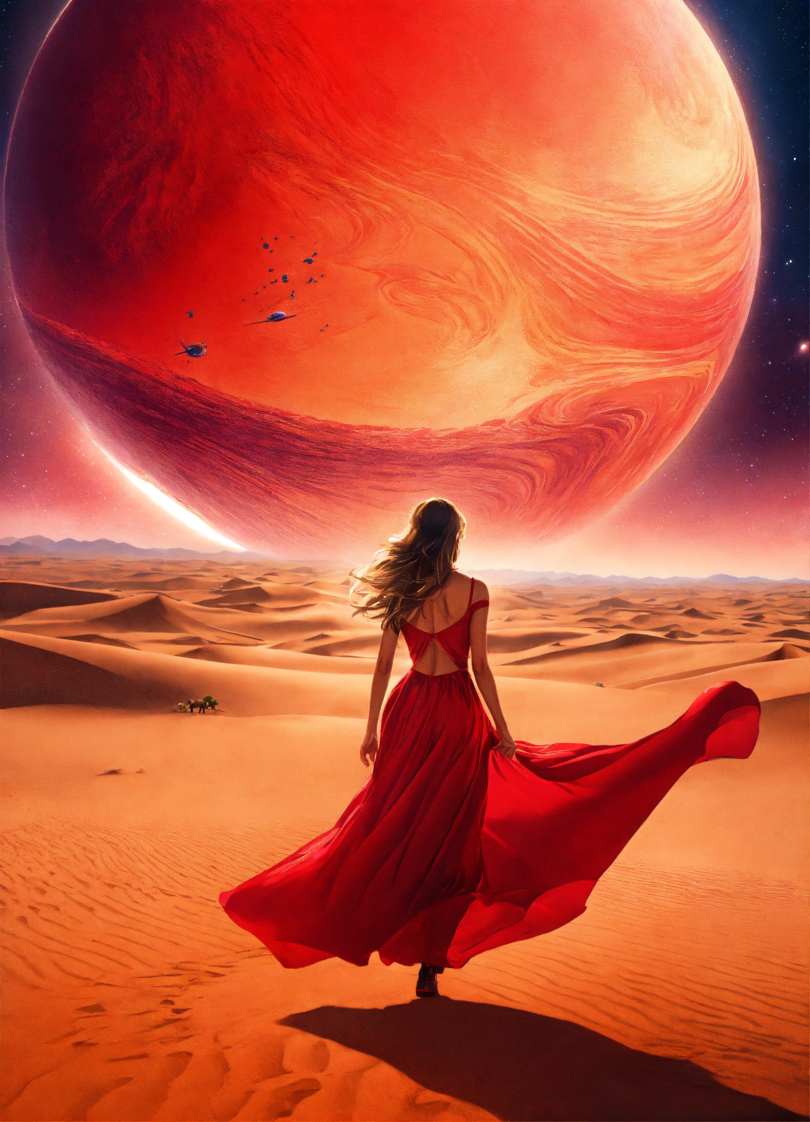 Lexica - Woman running through a sahara place in a long red dress ...