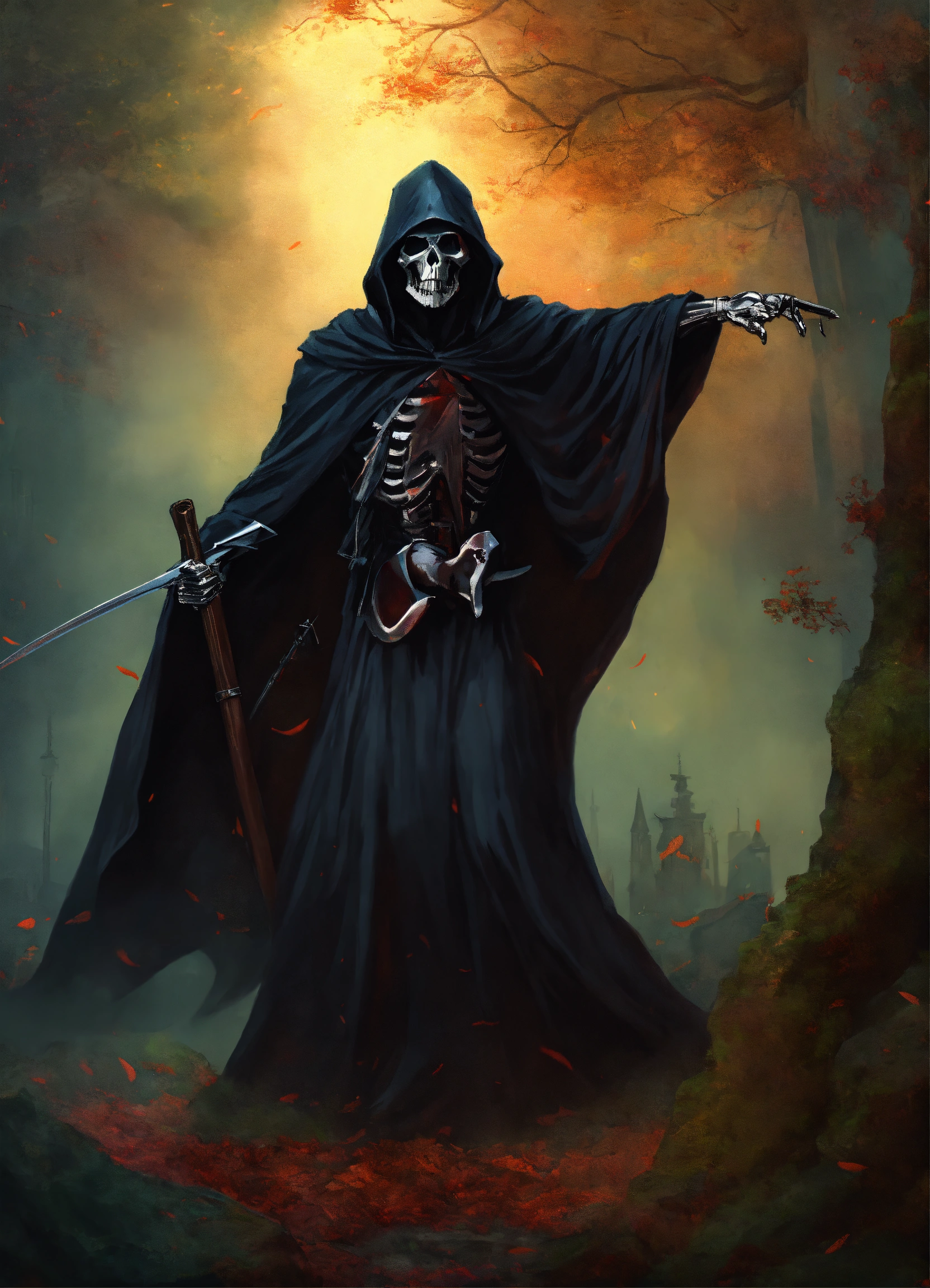 Lexica - A grim reaper with his arm outstretched and pointing to the right