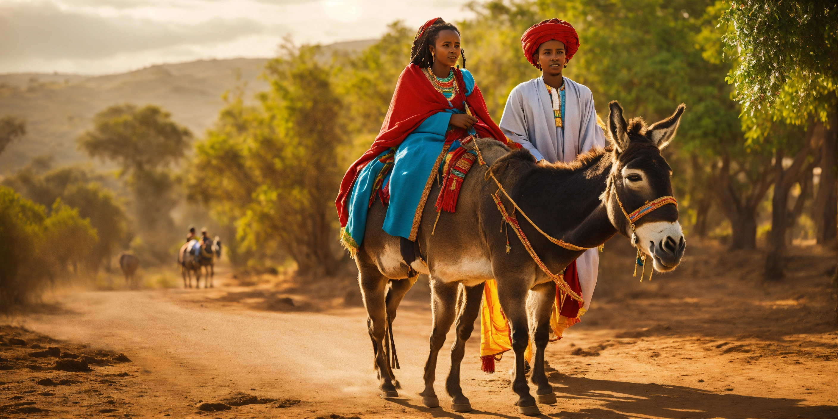 Lexica A young Ethiopian woman rides a donkey. Her Ethiopian husband