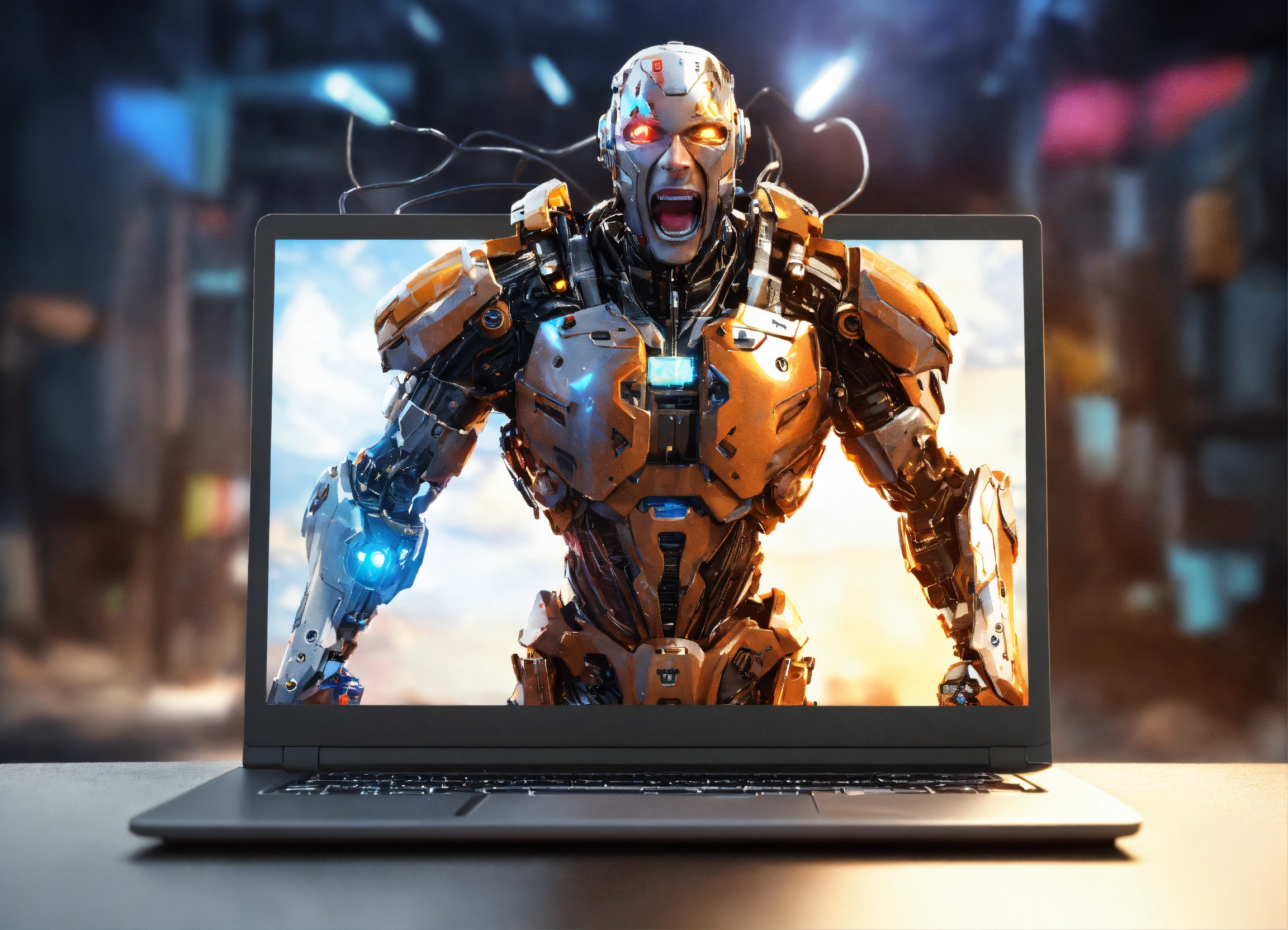 Lexica - Cyborg, 3d, come out of laptop screen, happy, screaming