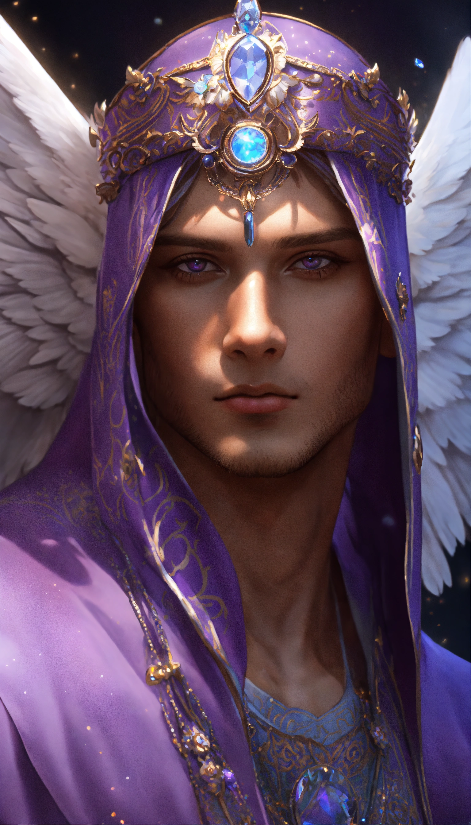 Lexica - Male angel, wings, intricate, highly detailed, digital painting,  art station, real, 3D, large detailed violet wings, clear eyes and deep  gaz...