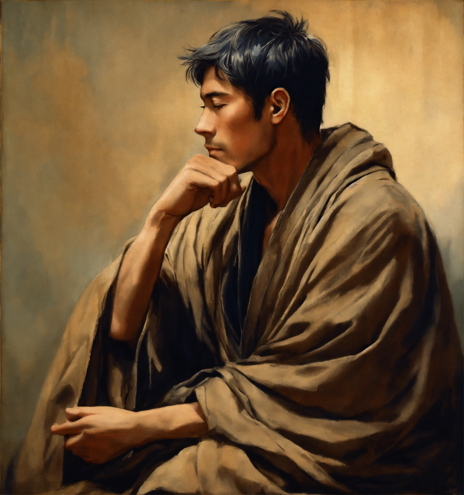 Lexica - Side profile, a man clothes in dirty robes, sitting and ...