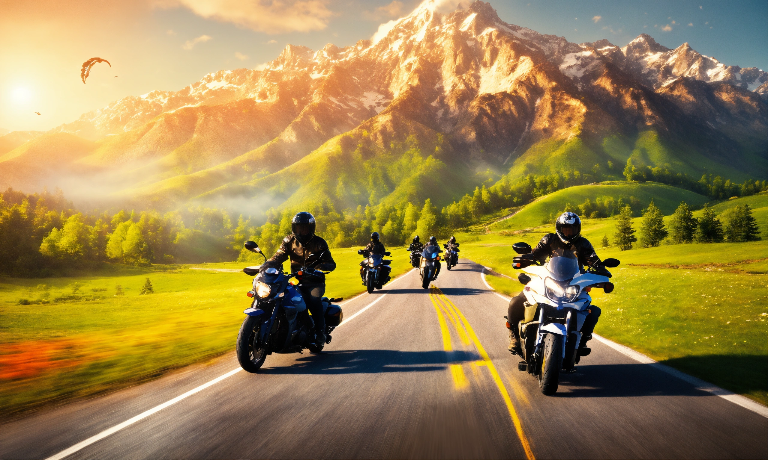 Lexica - Riding motorcycles, 4 seasons landescape background