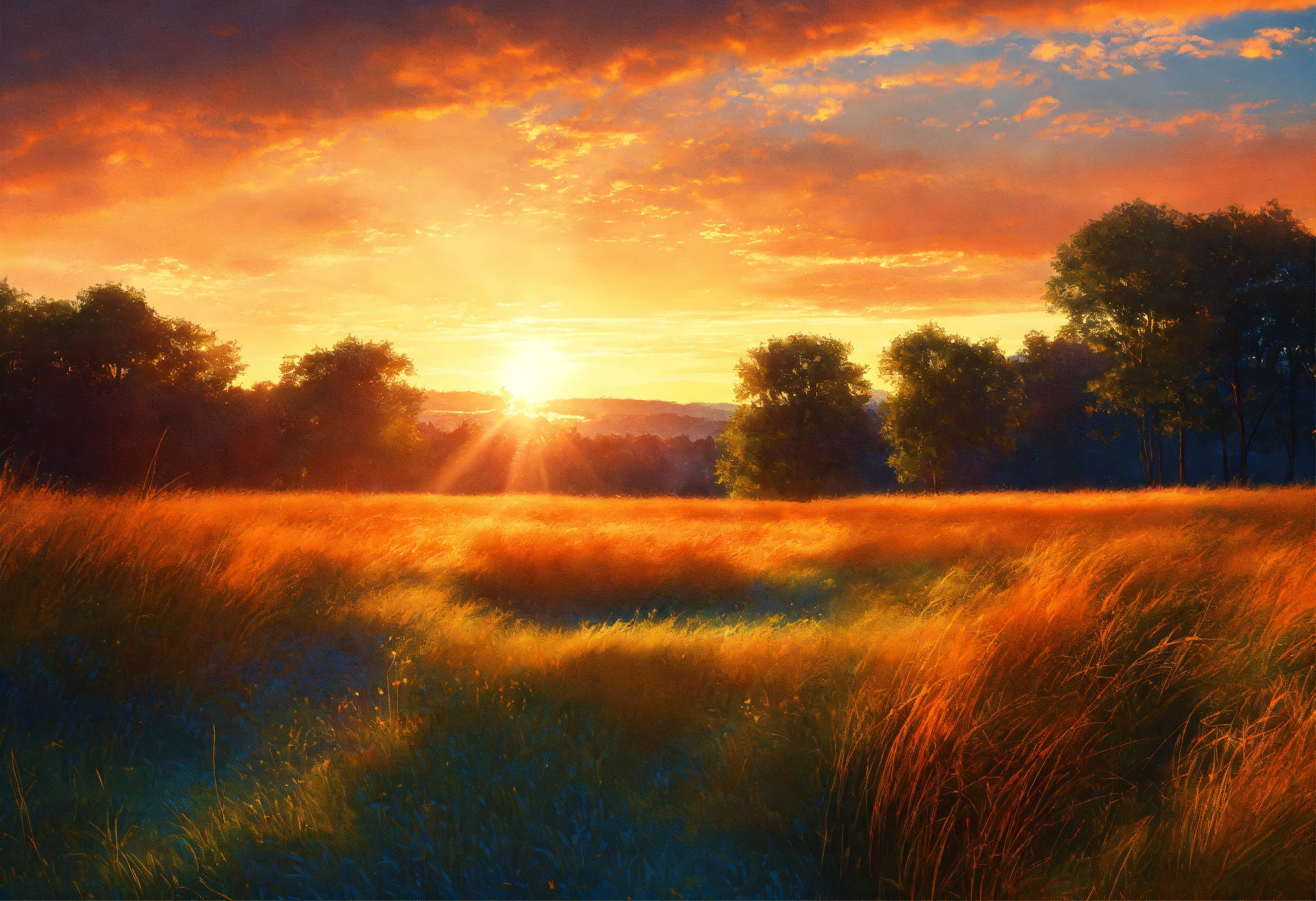 Lexica - View from the ground of a grassy landscape at sunset, light ...
