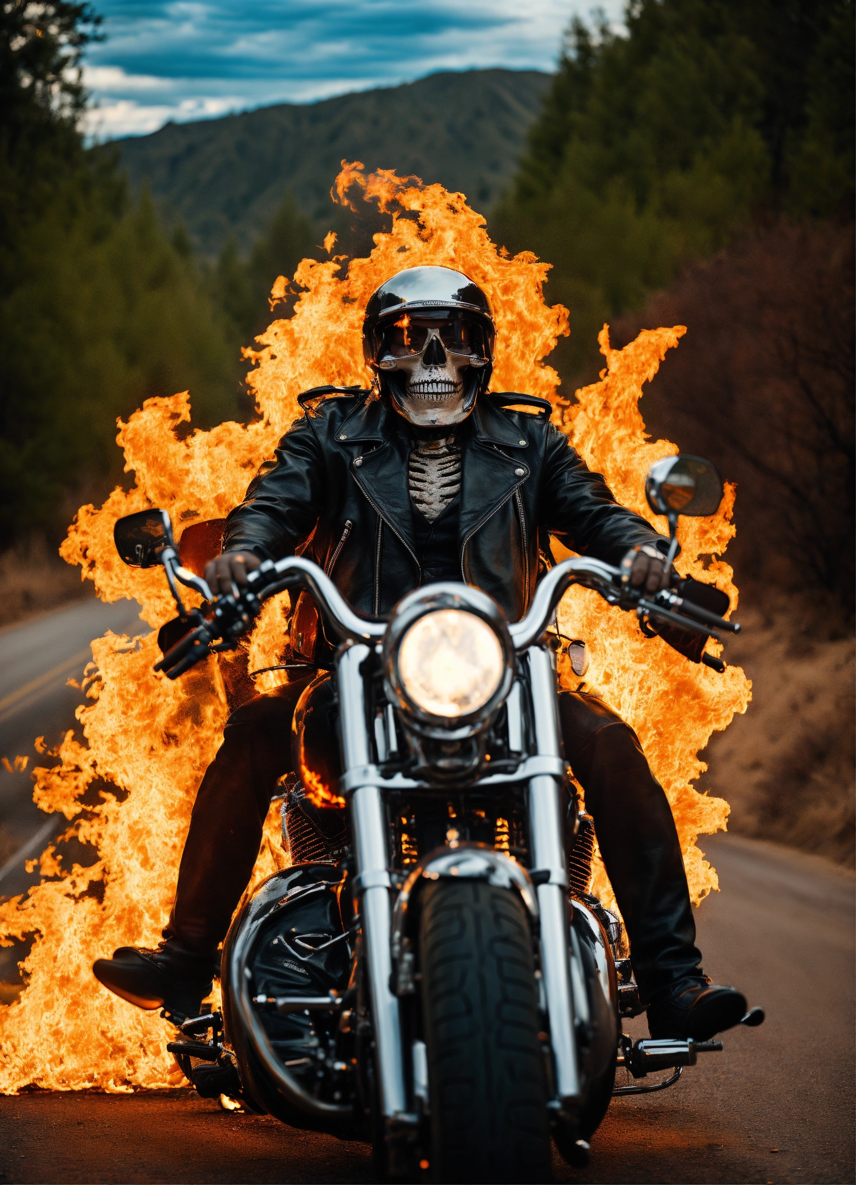 Lexica - Skeleton on fire riding a harley davidson motorcycle, worn ...