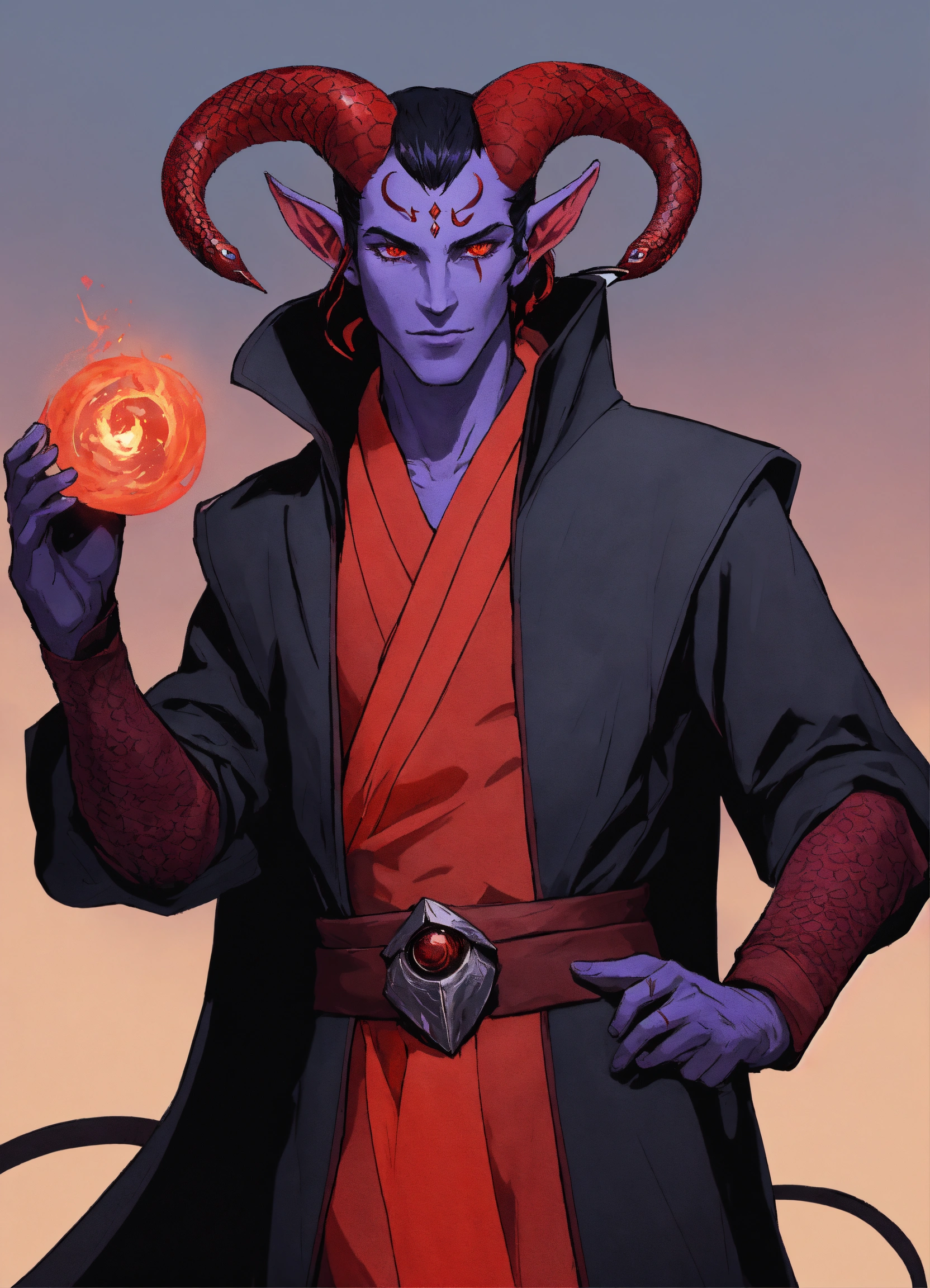 Lexica - A D&D Tiefling with pale RED skin and red snake like eyes. He ...