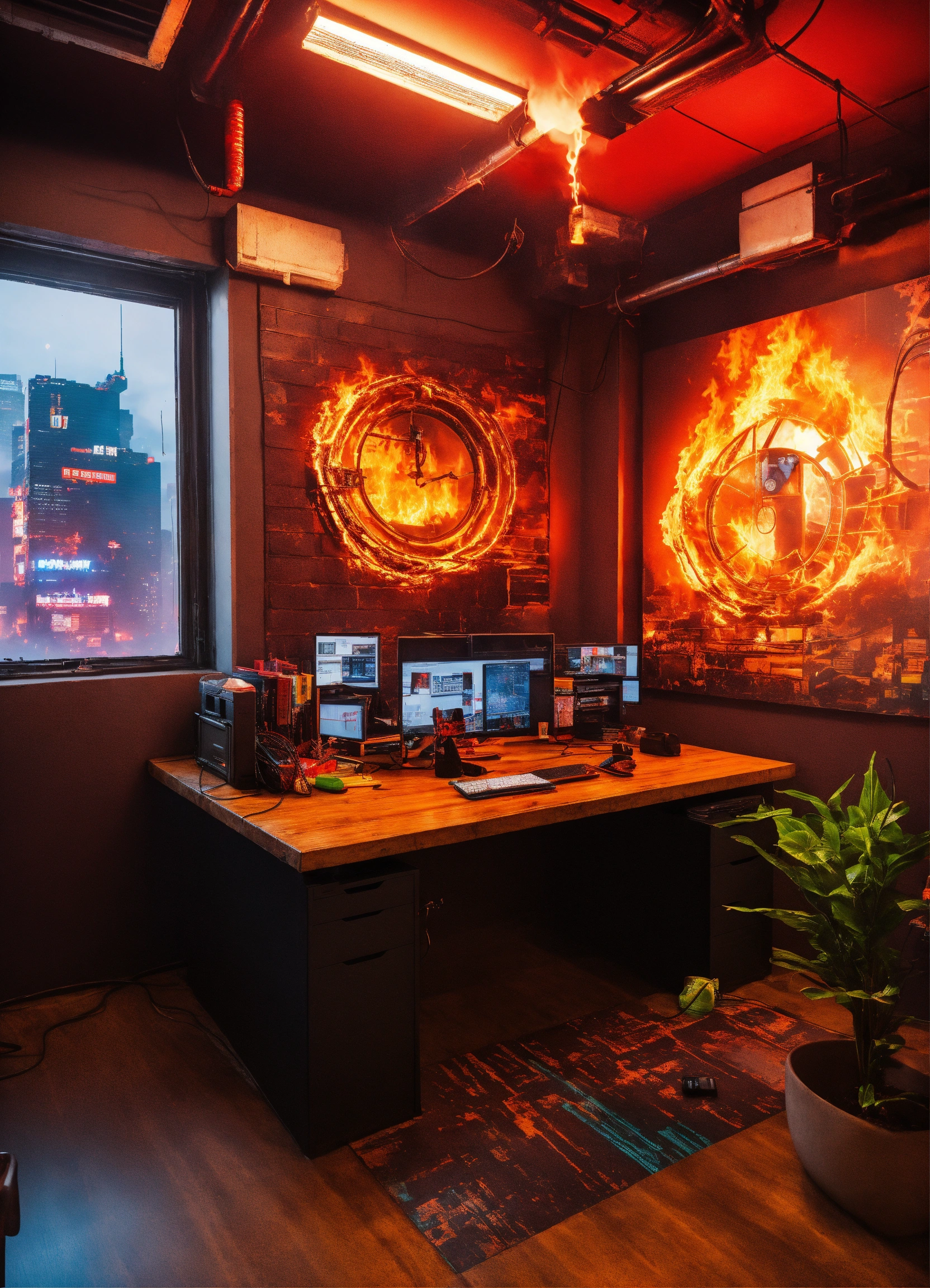 Lexica - Fire themed office, cyberpunk