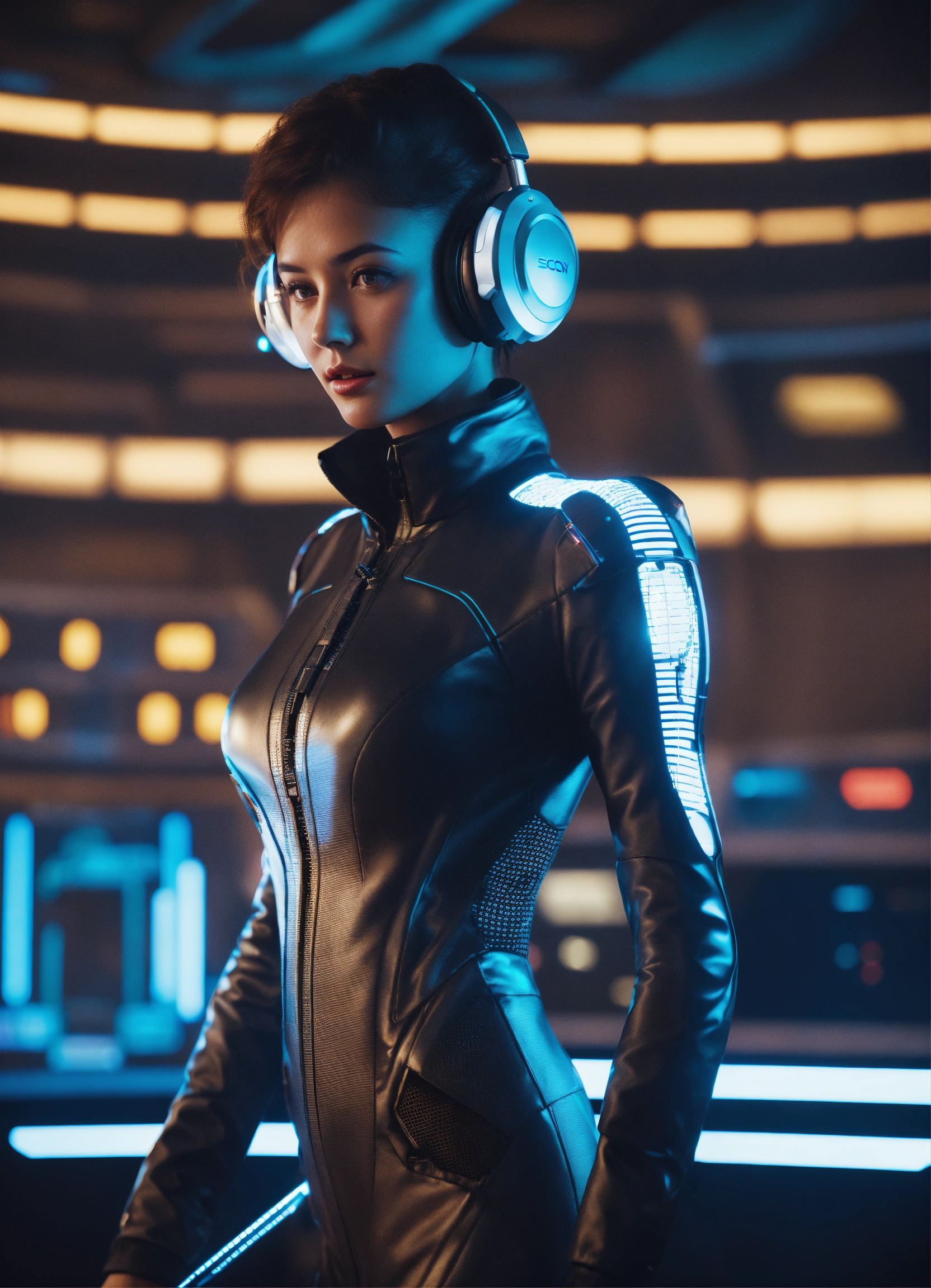 Lexica - Zoom out of a charming girl wearing a tight futuristic spy ...