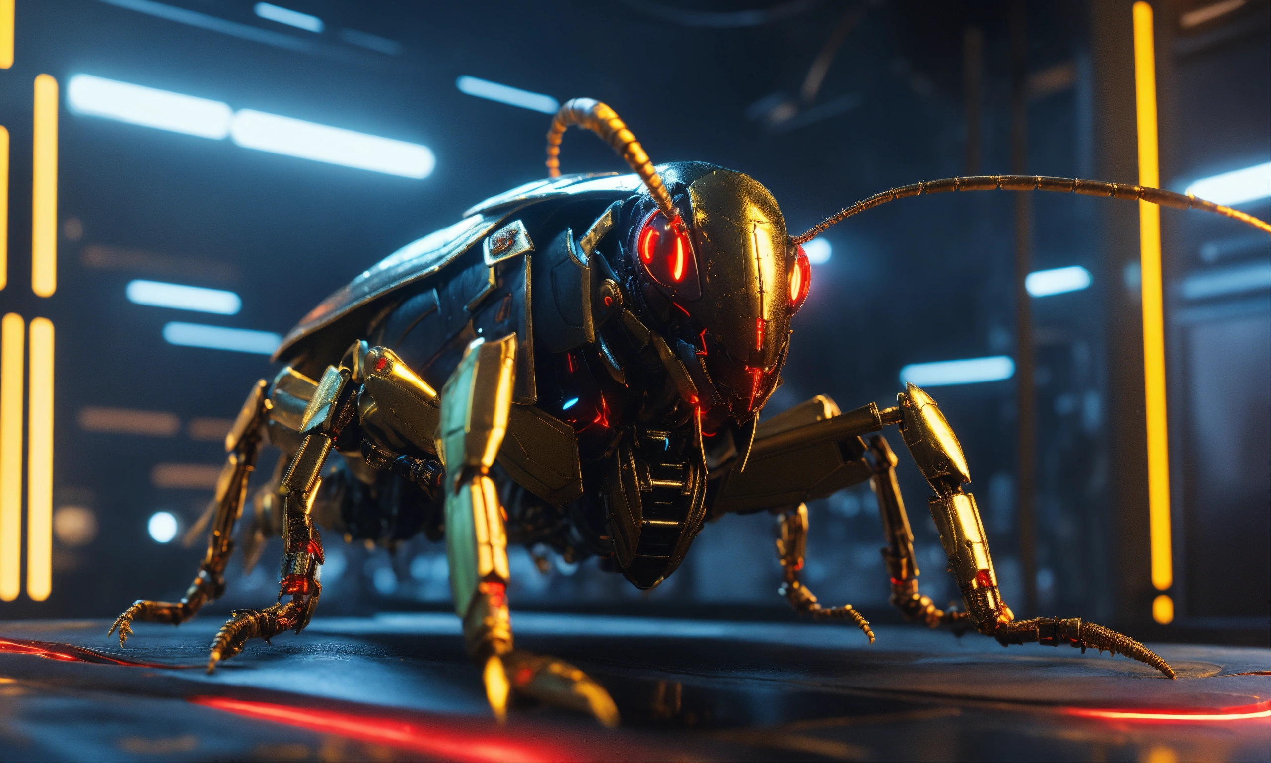 Lexica - Close up of black cockroach faced humanoid with red glowing ...