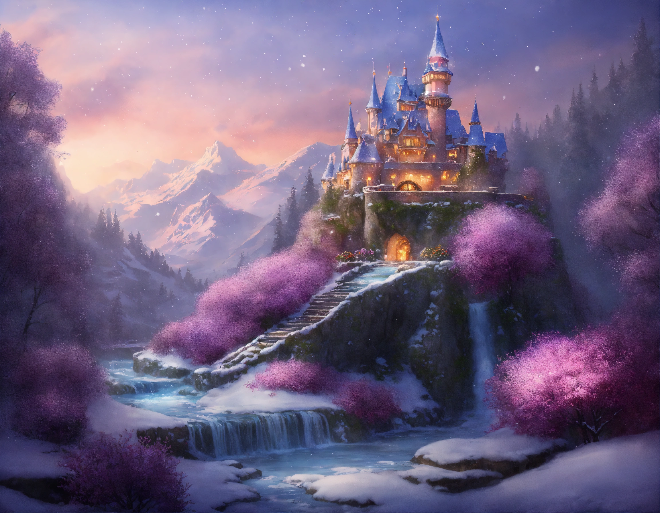 Lexica - Mountain castle disneyland, on top of a waterfall in the snow ...