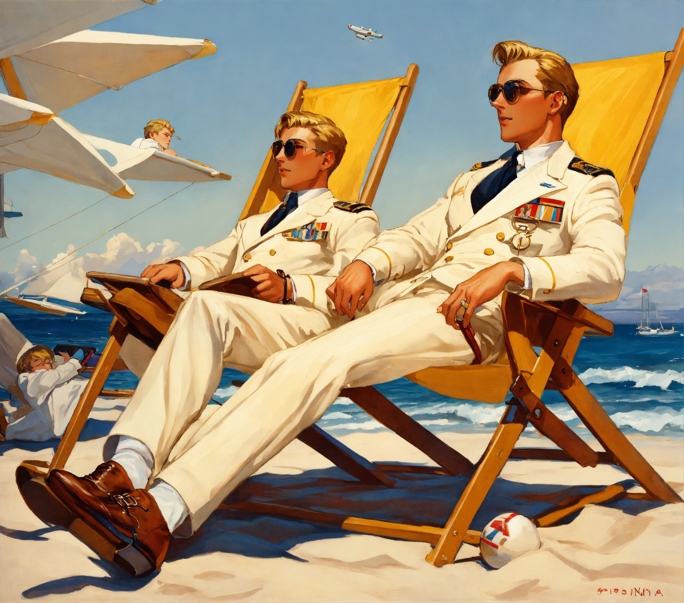 Lexica - Two blonde male pilots in white suit, brown buckled shoes ...