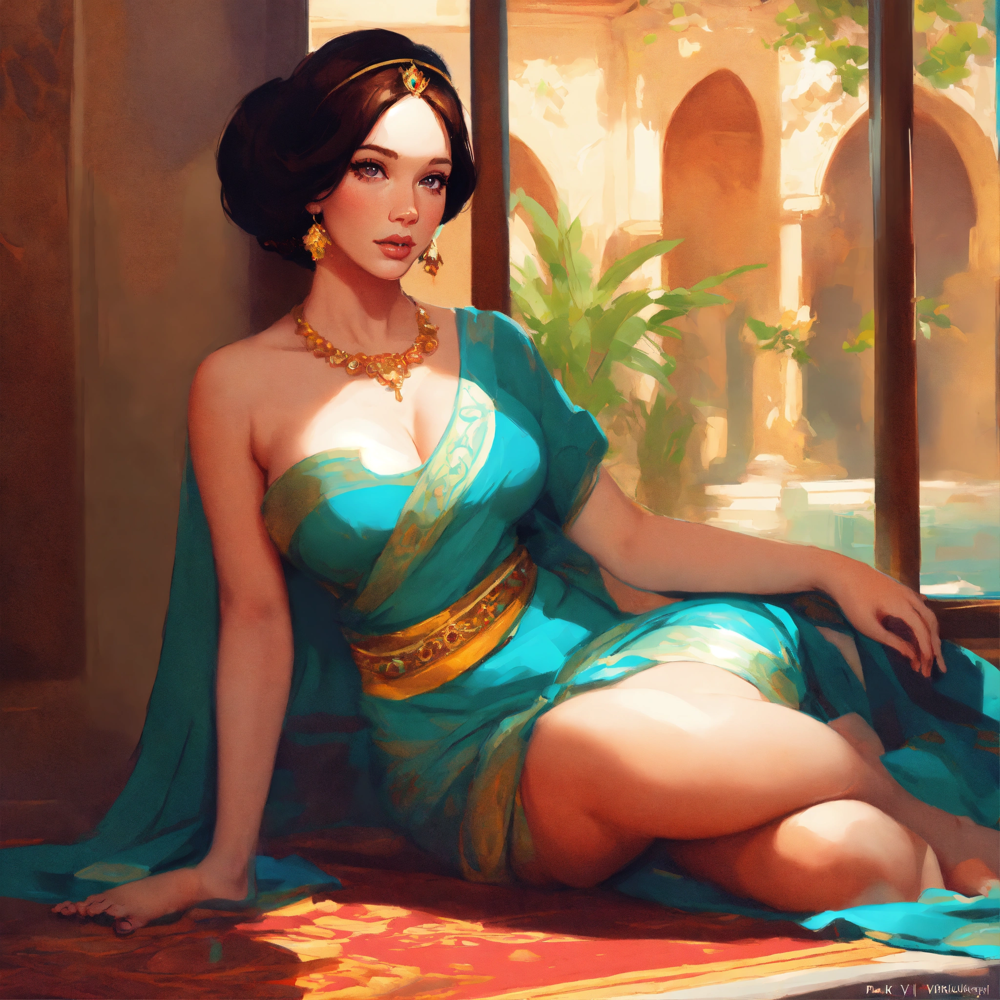 Lexica - Christina Hendricks as Princess Jasmine, full body, barefoot, bare  feet, cute fine face, rounded eyes, far minimalist perspective, digital p...