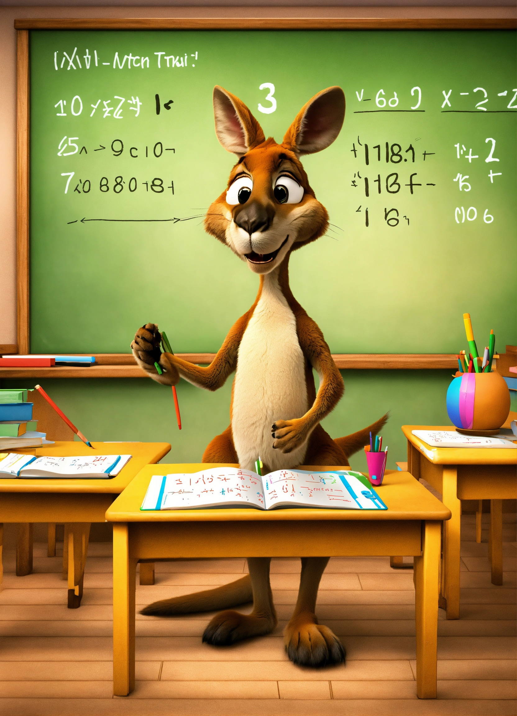 Lexica - Animated kangaroo in a classroom make math calculation