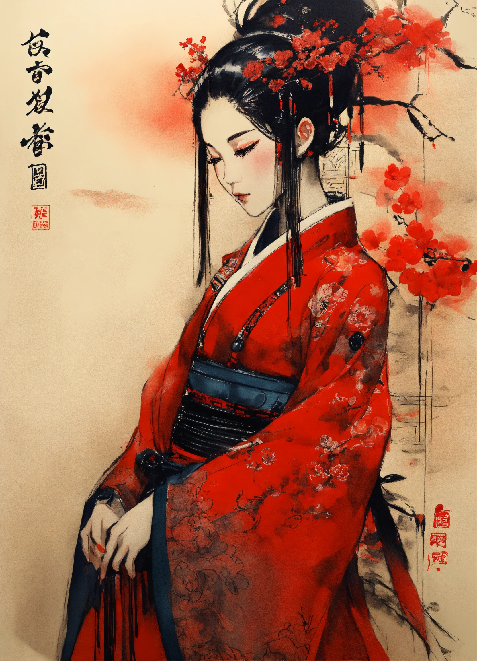 Lexica - Shuǐmò huà, 水墨画, black and red ink, a robot beautiful girl in ...