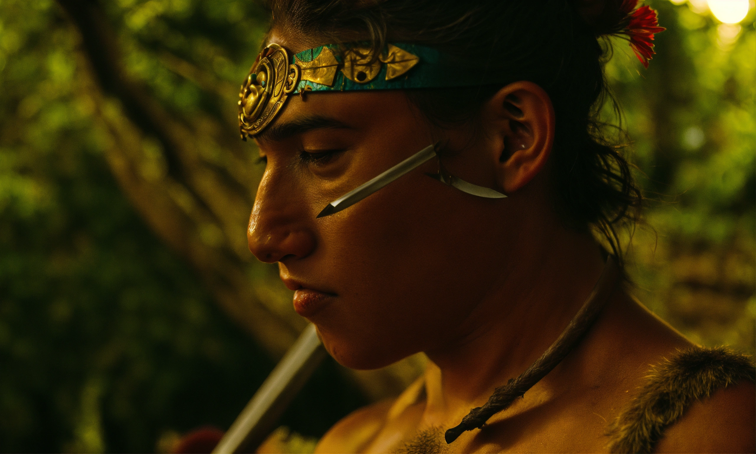 Lexica - Close up of a Mayan spear piercing the skin of a wild boar