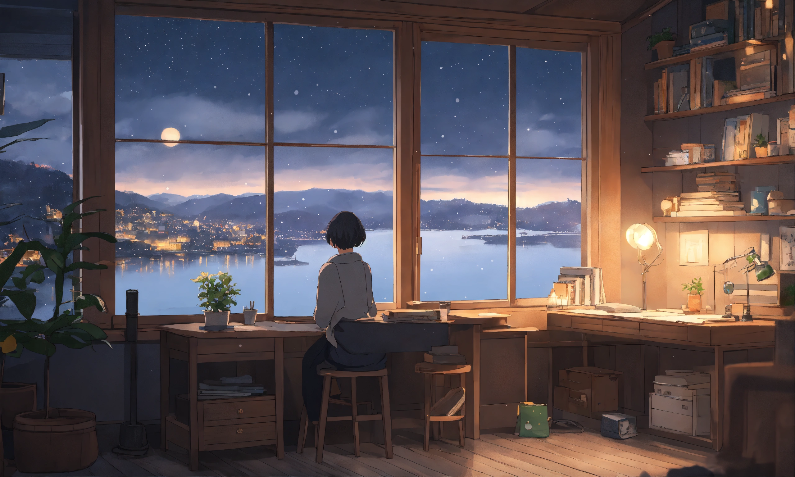 Lexica - Cozy study room, studio ghibli, minimalistic, grey washed ...