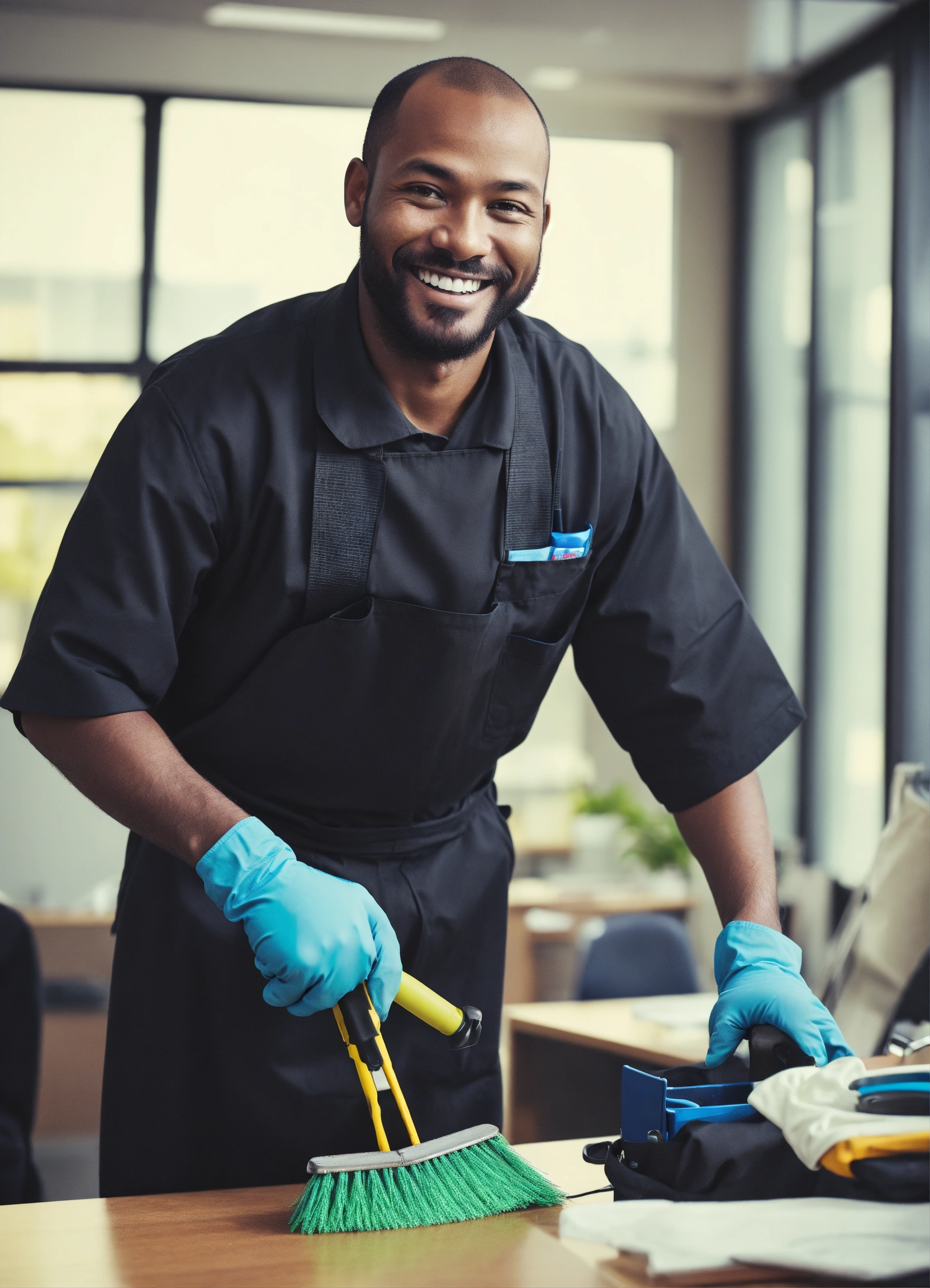 Lexica - A janitor man working in a office smilling wearing black cloths