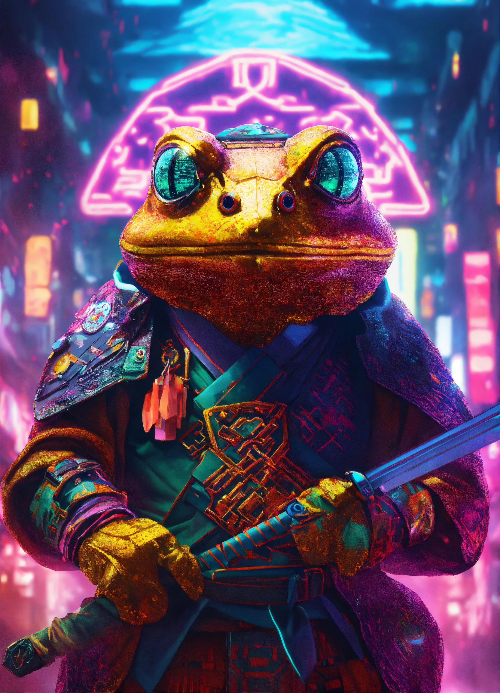 Lexica - A diamond metal occult toad as a Samurai with a sword in a ...