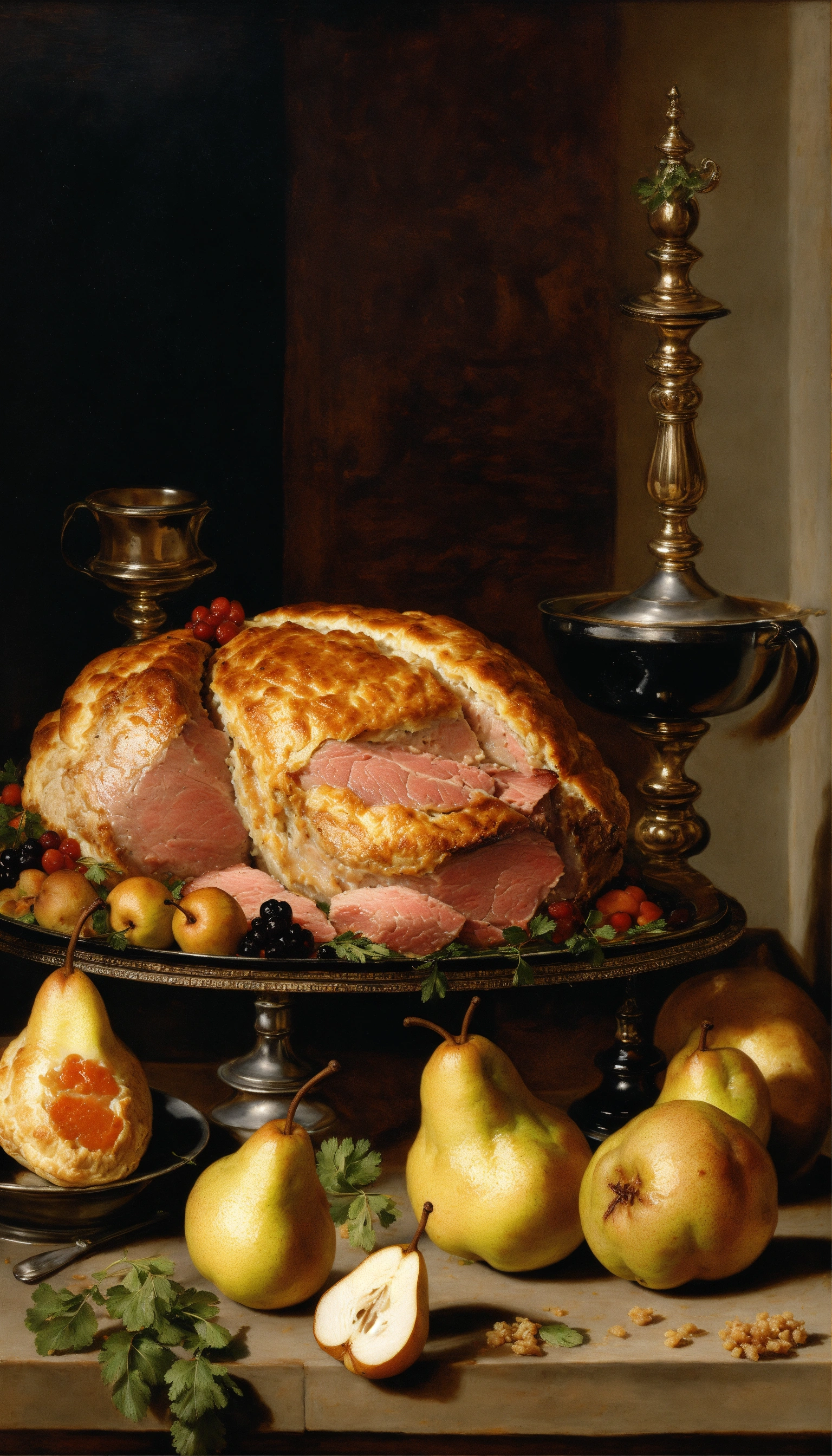 Lexica - Still life with roast of meat, pies and pears by Peter Paul Rubens
