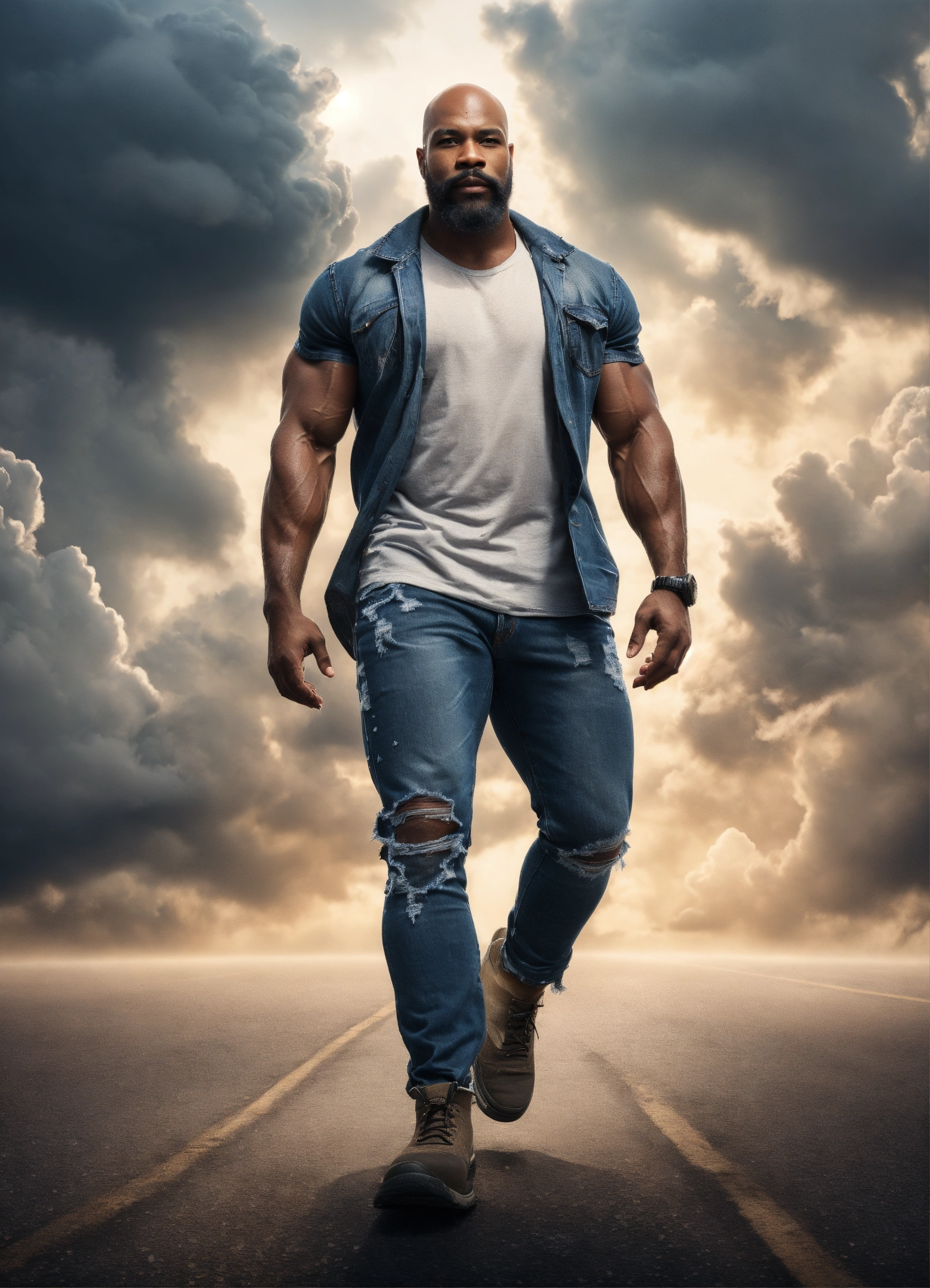 Lexica - Bald bearded man, a strong muscular handsome black male storm god,  a huge handsome god with a bald head and salt and pepper beard, huge mus...