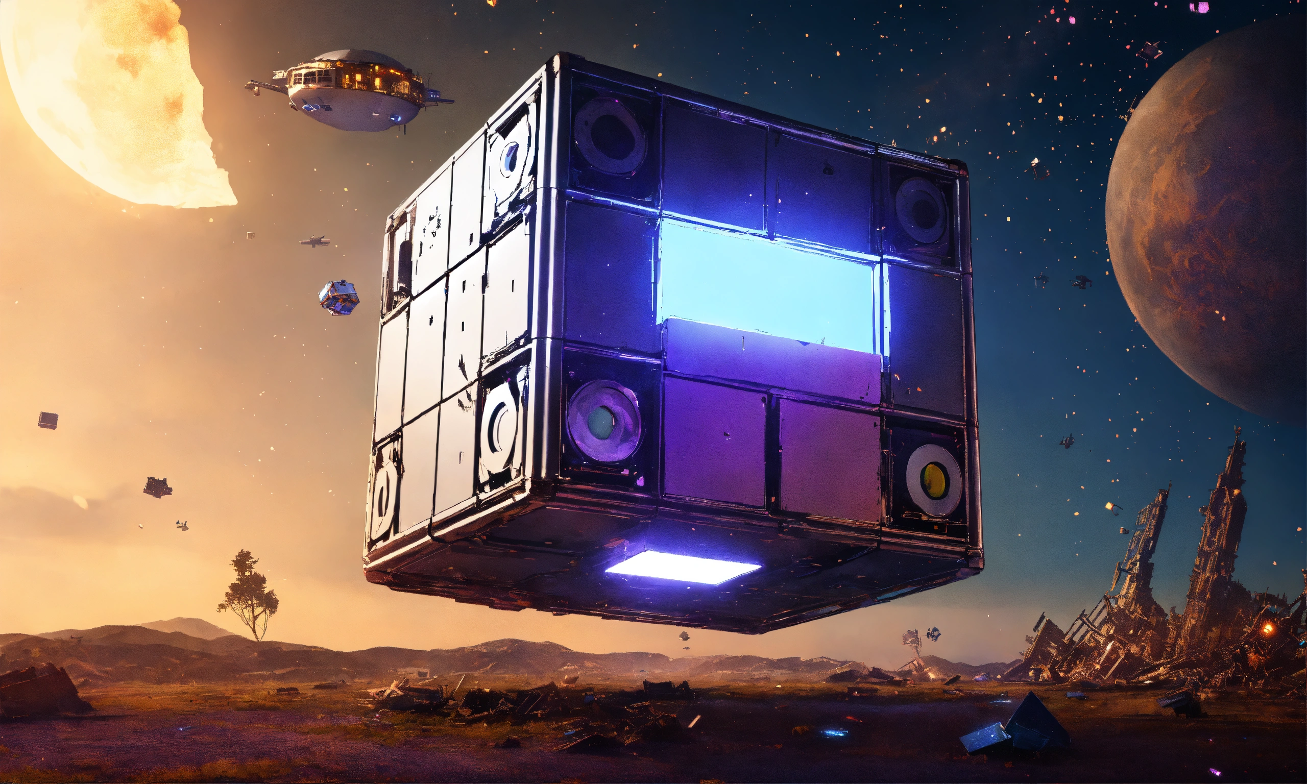 Lexica - Small flying floating cube thats sleek silver with 2 lights on ...