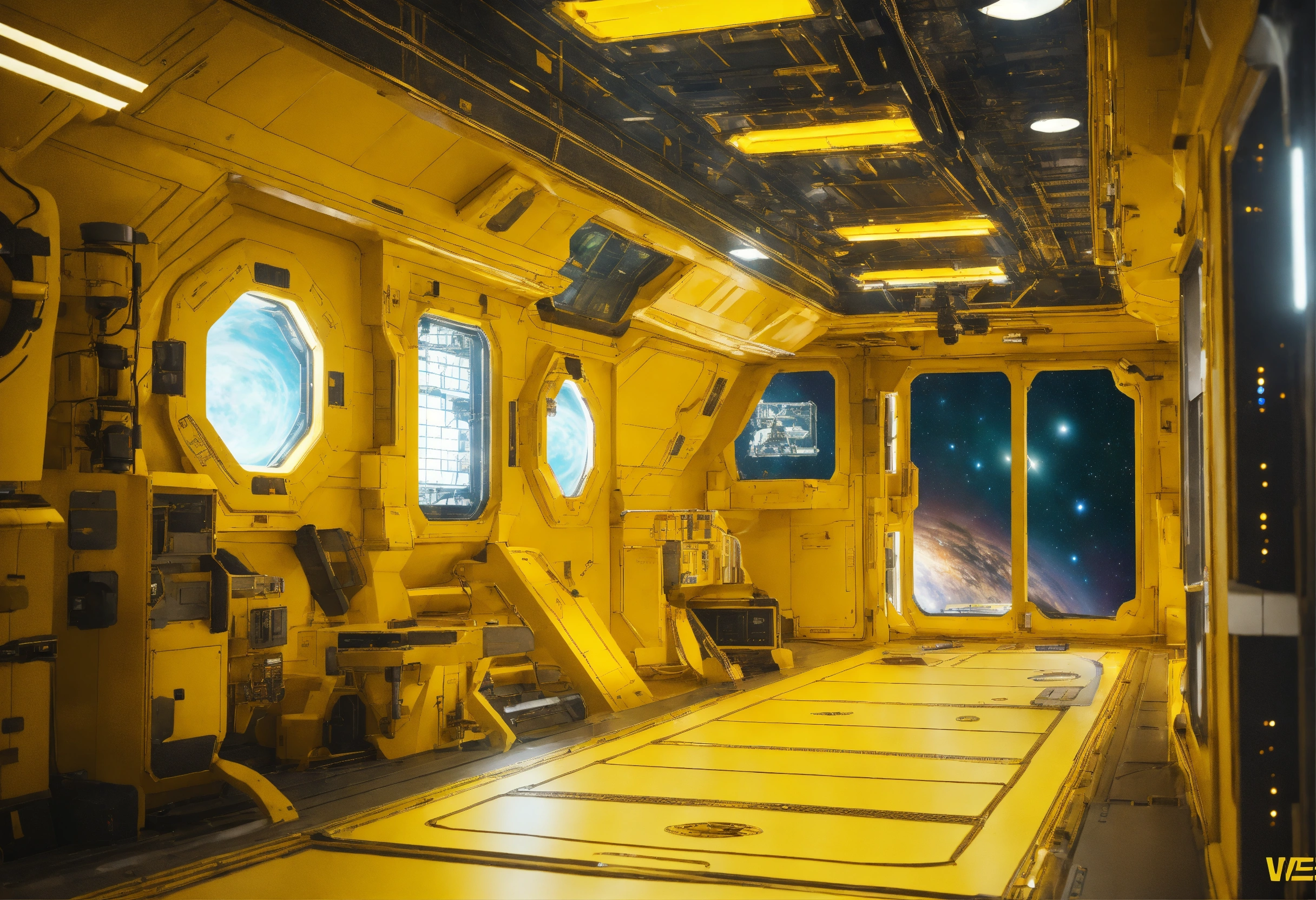Lexica - Vew of space from a battleship doc of a yellow space station