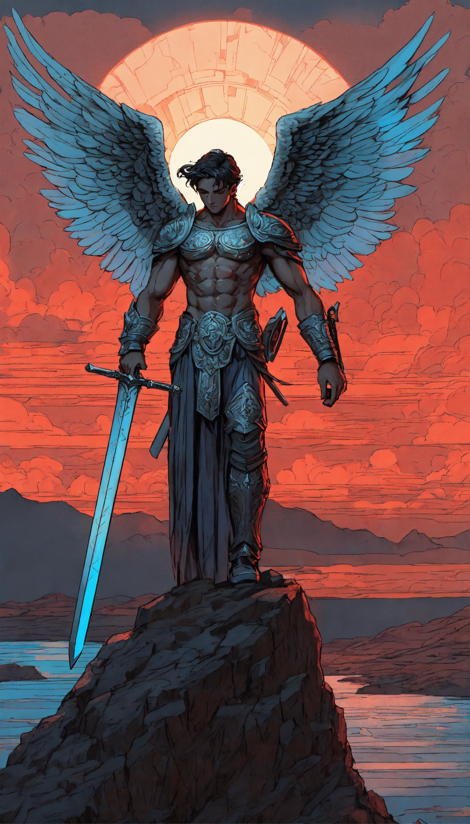 Lexica - Drawing of an angel figure with muscles, wide wings, sword in ...