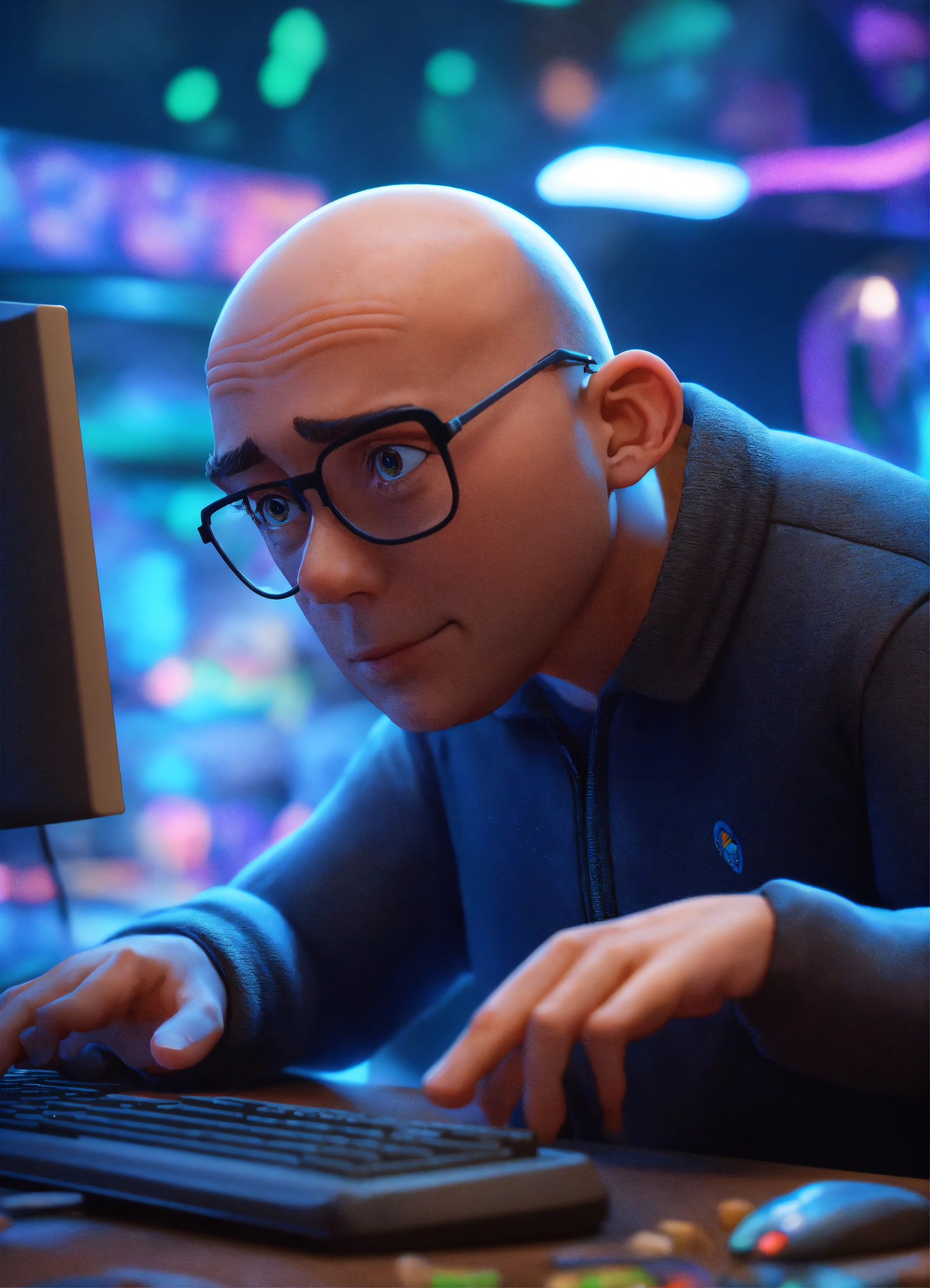 Lexica - A nervous bald man knocks with his hand on the computer, in ...