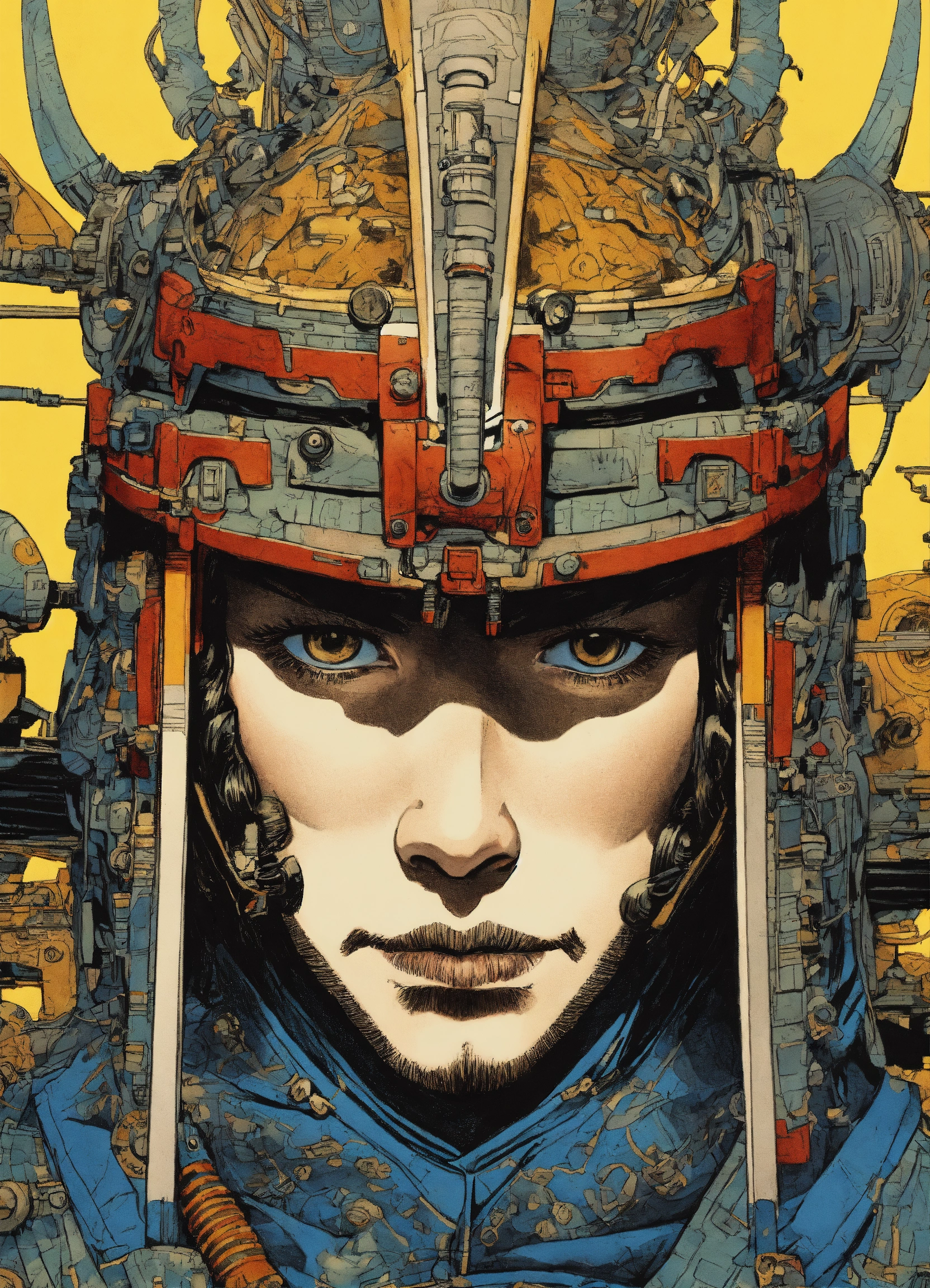 Lexica - Detailed pen and ink illustration of a samurai cyborg, head ...