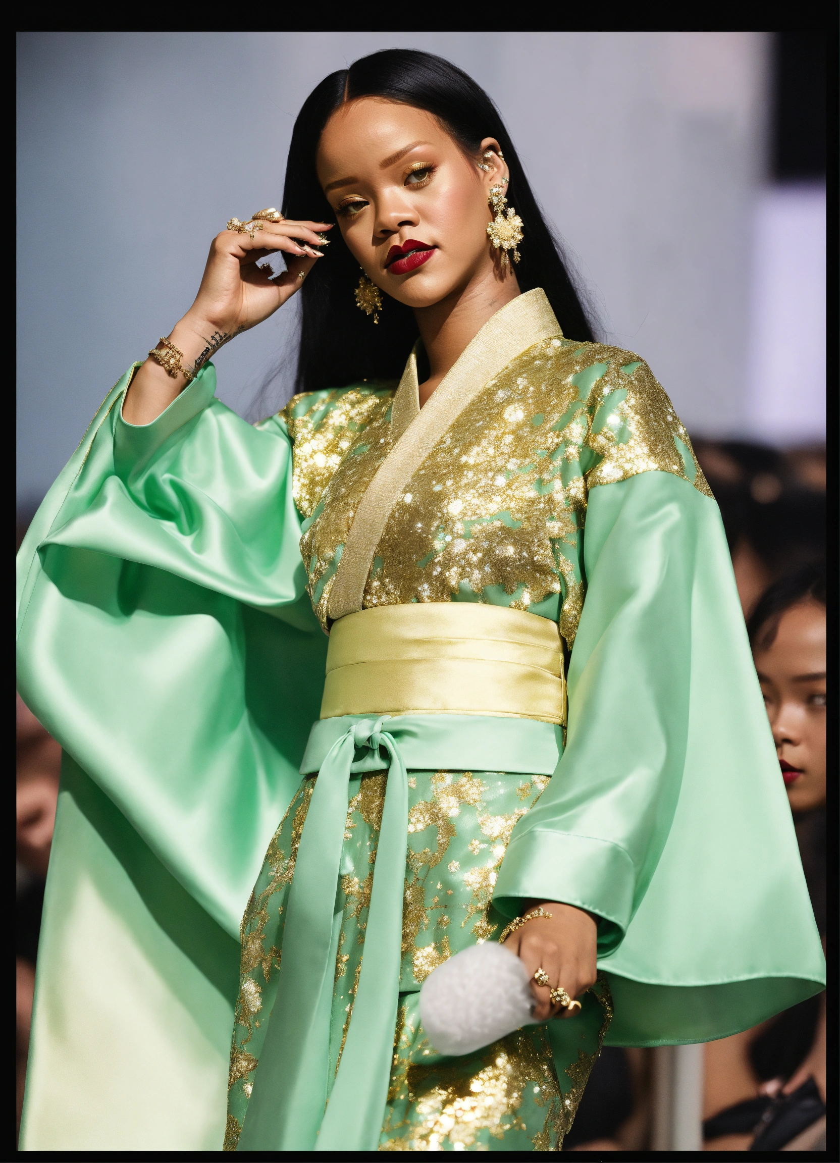 Lexica Rihanna glamorous sparkly mint and gold hanbok top with