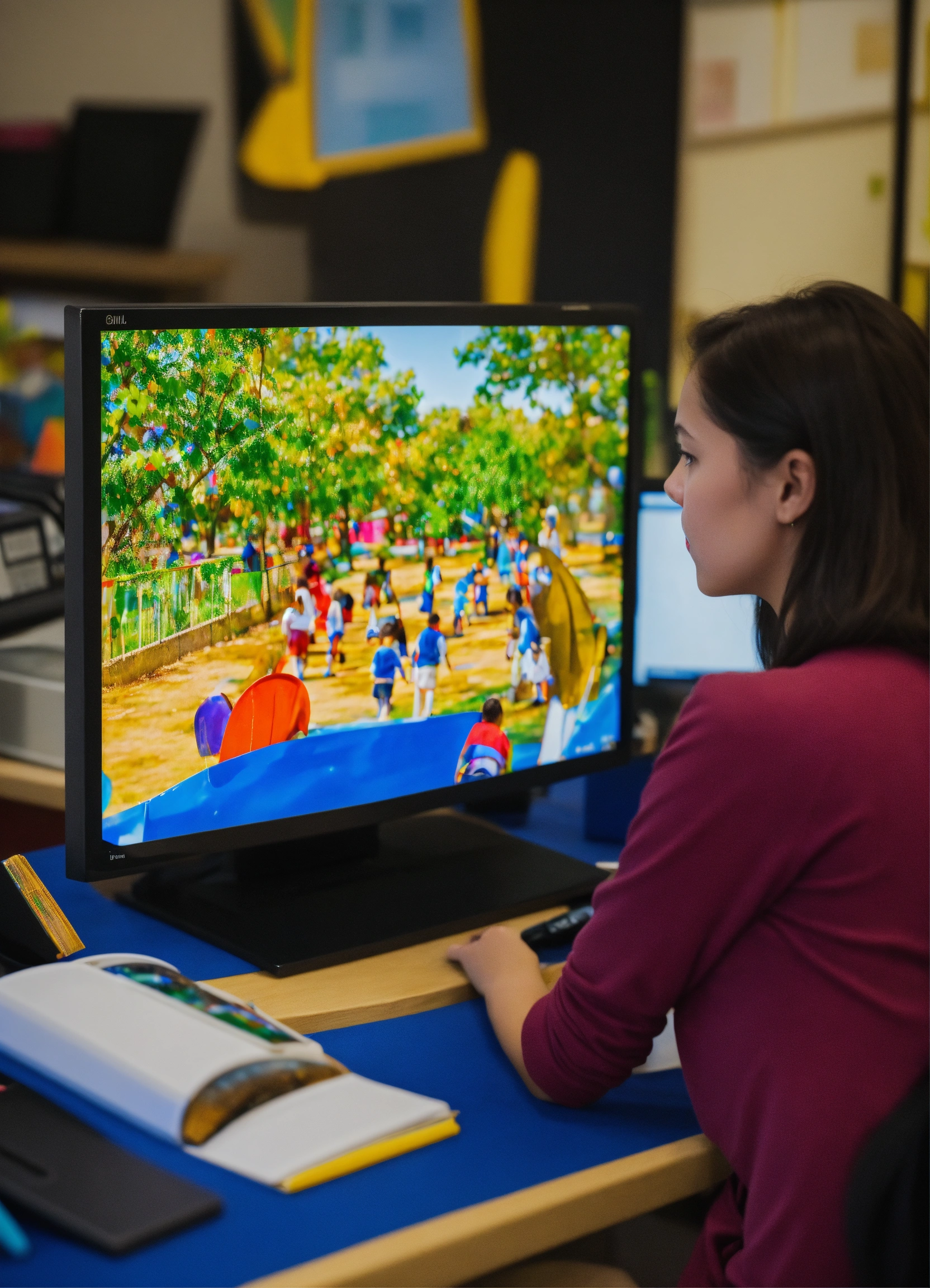 Lexica - A woman learning from a computer screen. The screen displays a ...
