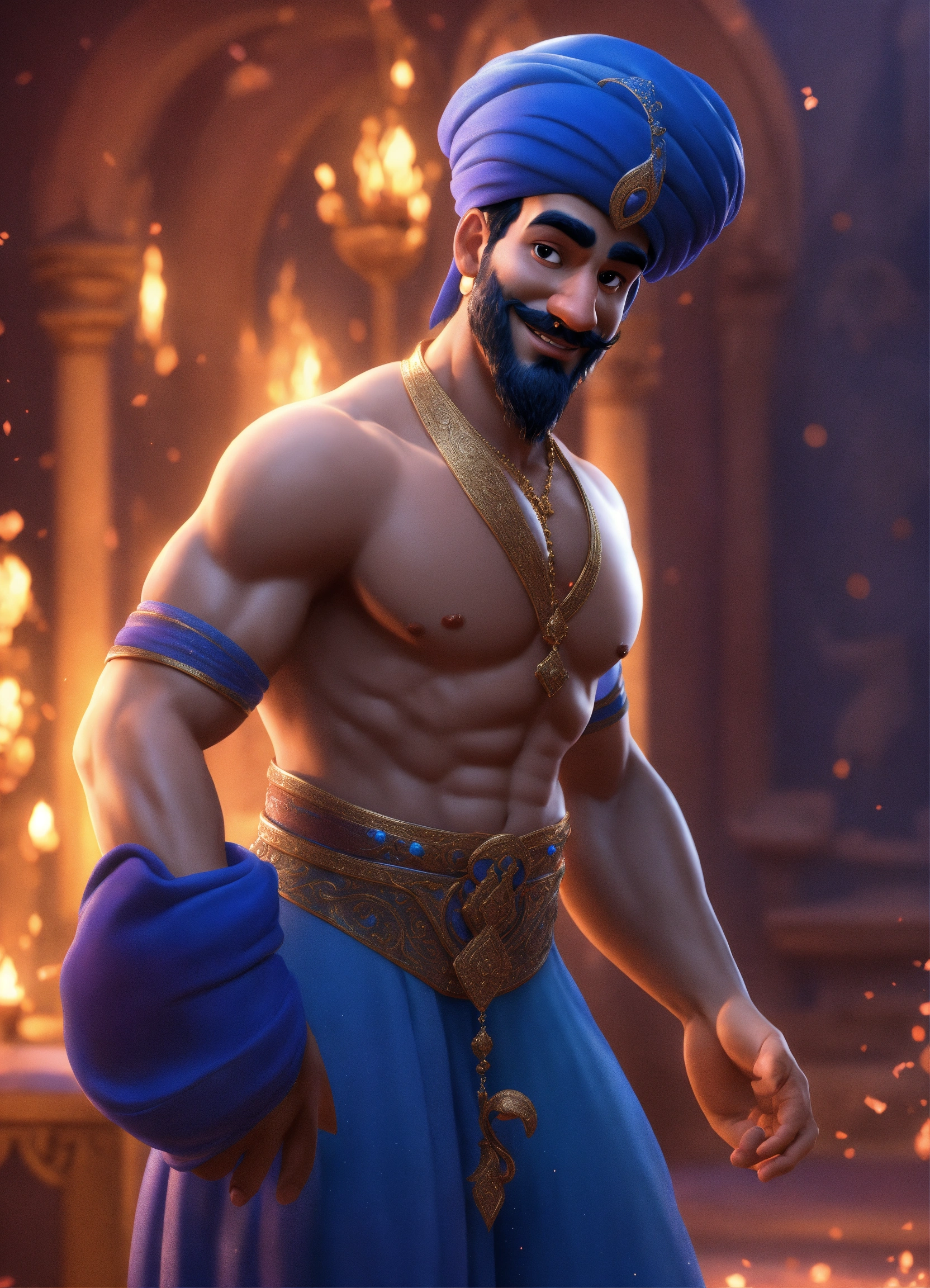 Lexica - Create a 3D rendering of a magical blue Arabian male genie ...