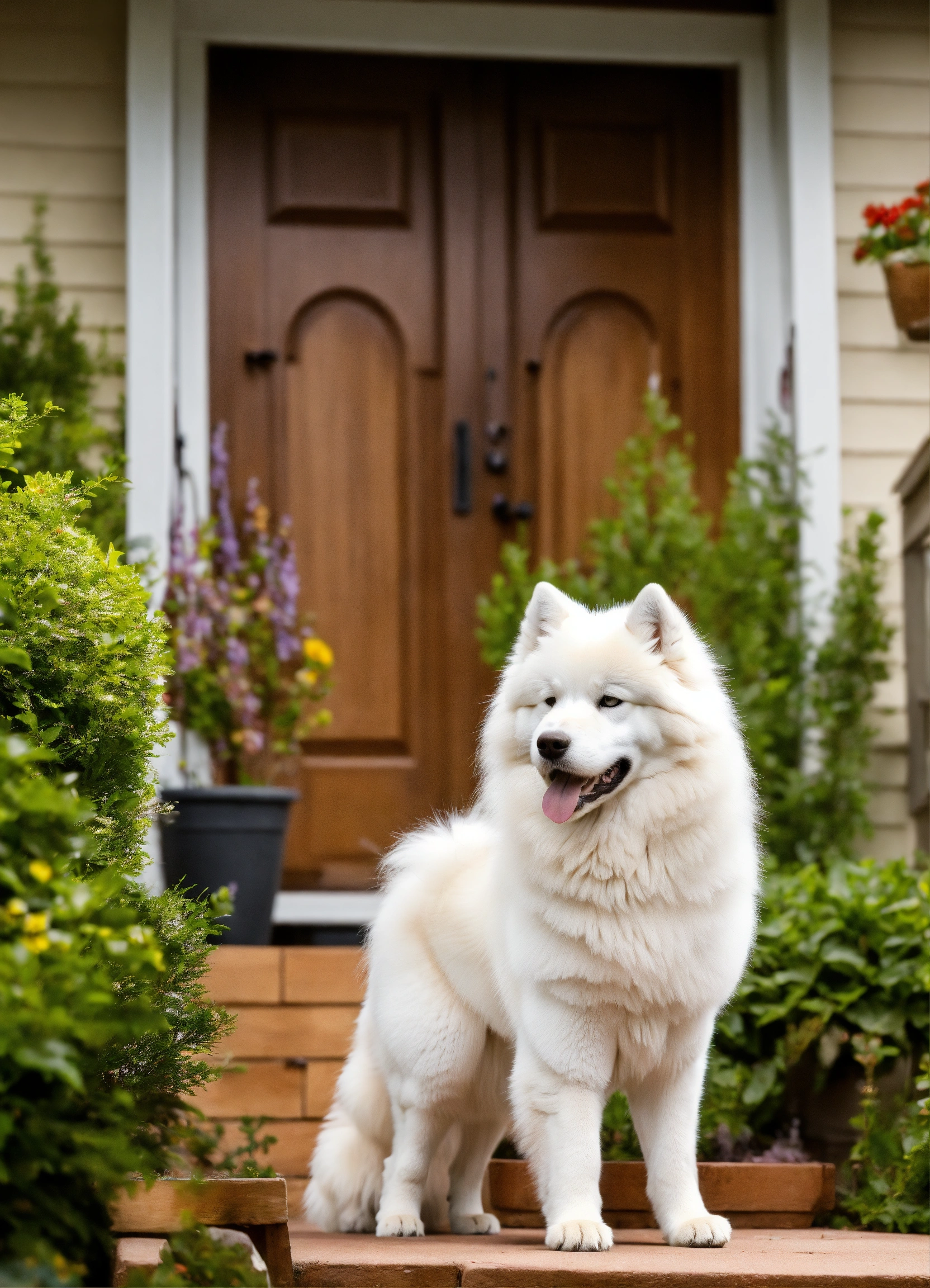 Lexica - Samoyed in the backyard of the house, with its front right paw ...