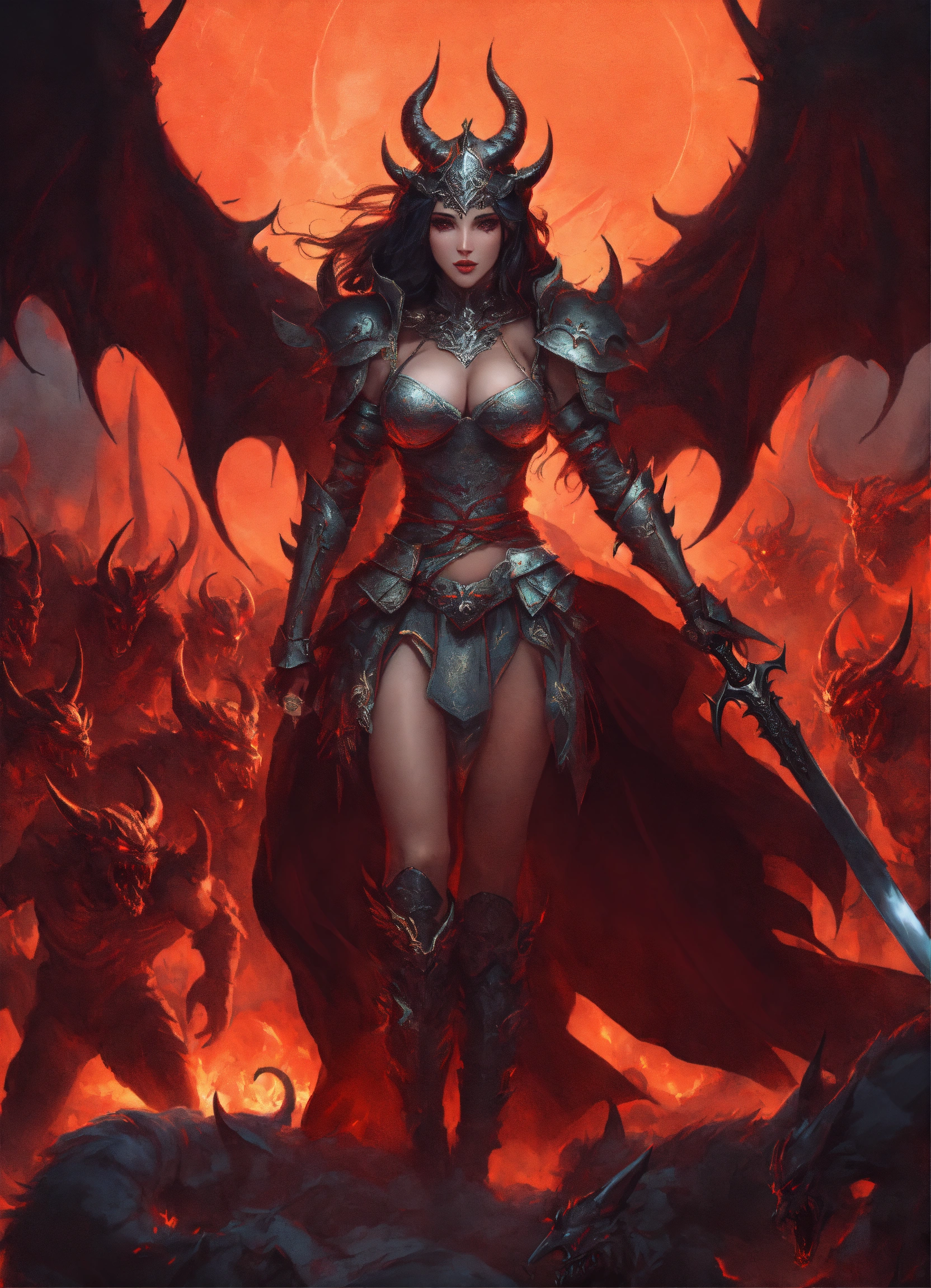 Lexica - Female demon queen, full scene, leading an army of demons to war