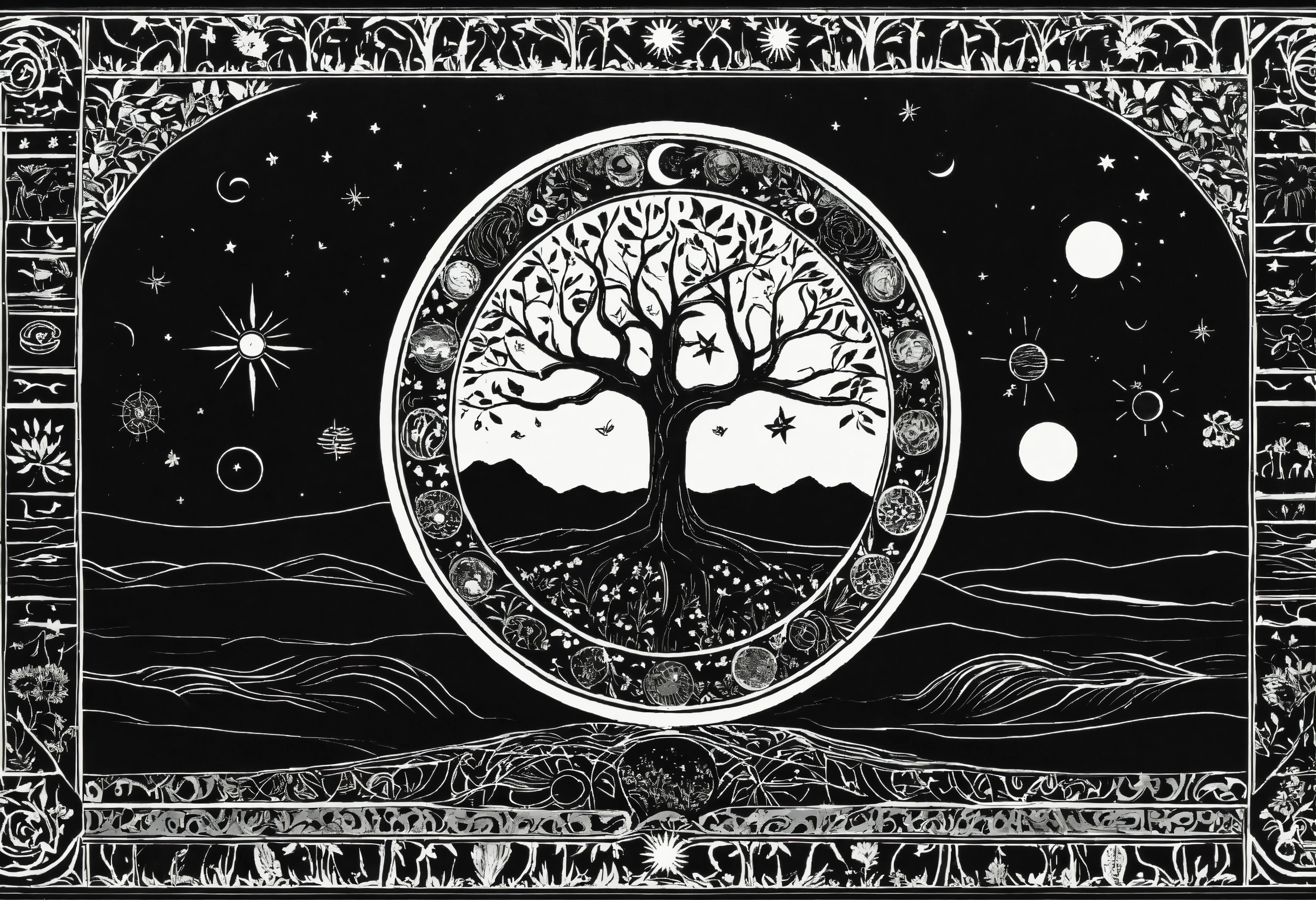 Lexica - Tree of life black and white no leaf with moon sun and stars