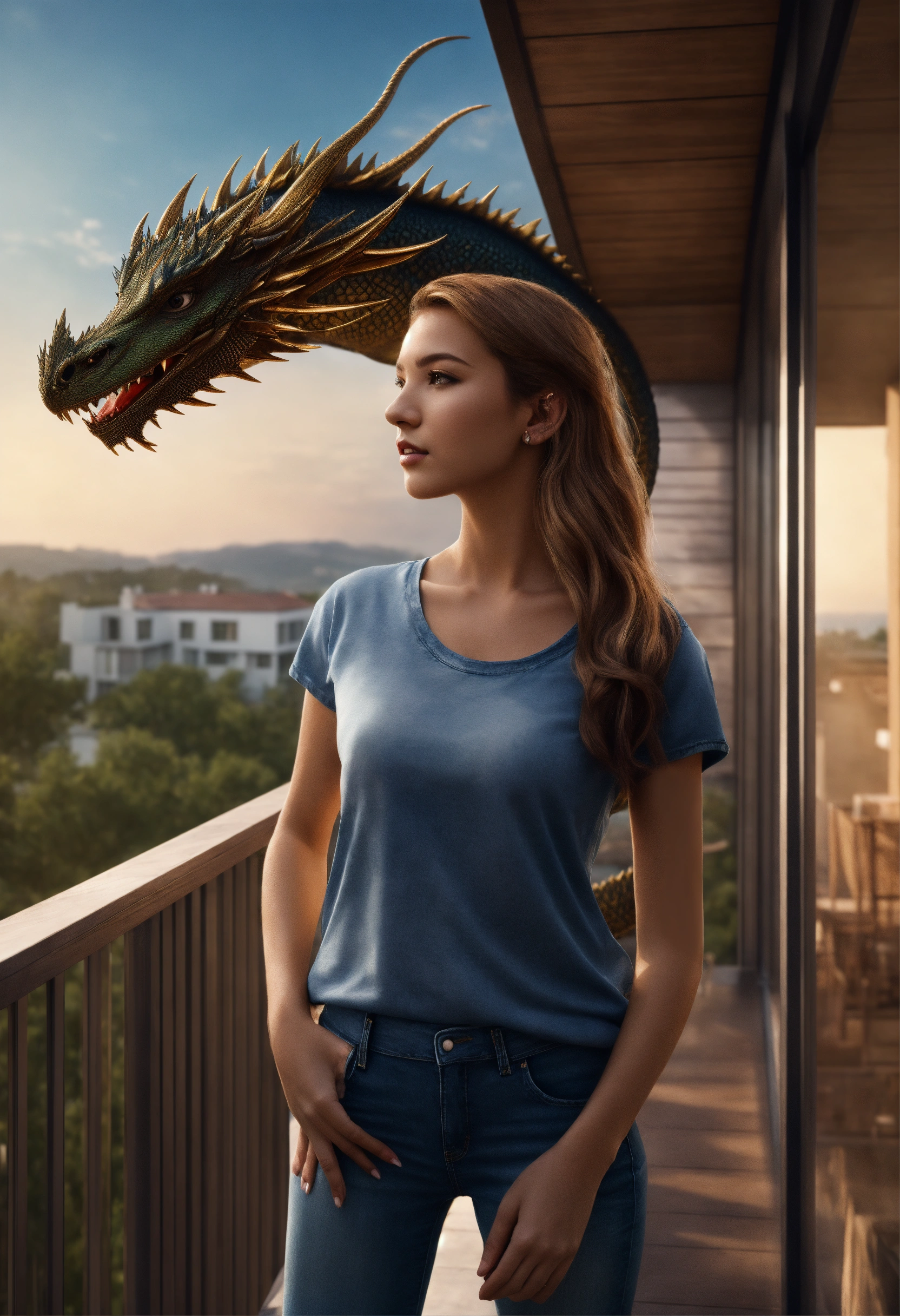 Lexica - Beautiful girl in t-shirt and jeans standing on the balcony of ...