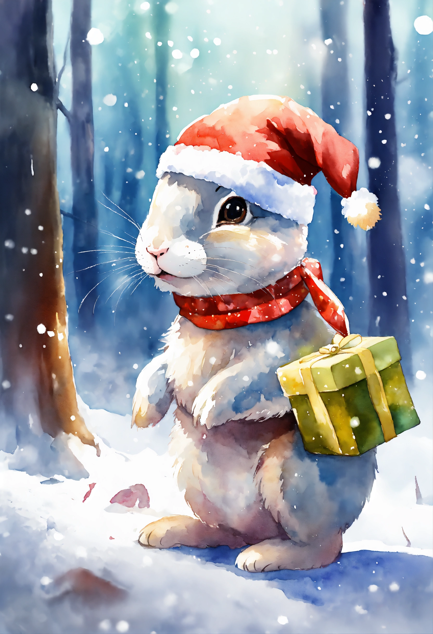 Lexica - A cute happy rabbit in forest with Christmas hat , presents ...