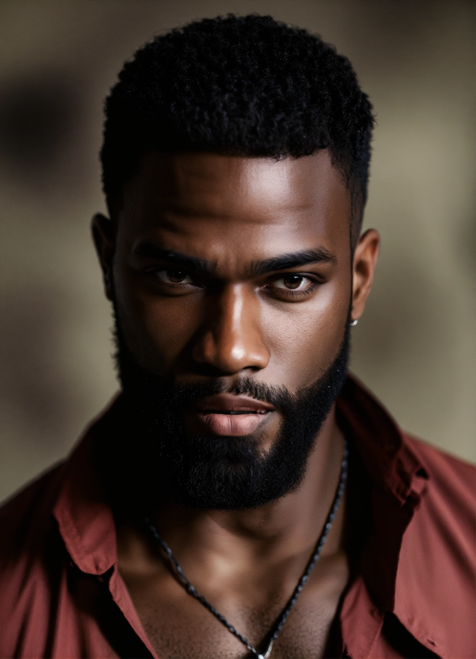 Lexica - Handsome black male, dark skin, , beard, vampire, cream shirt