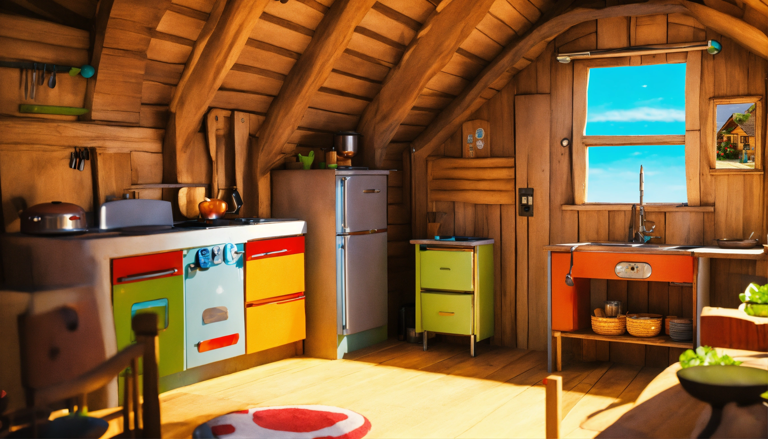 Lexica - A cartoon-style kitchen and bedroom in the hut