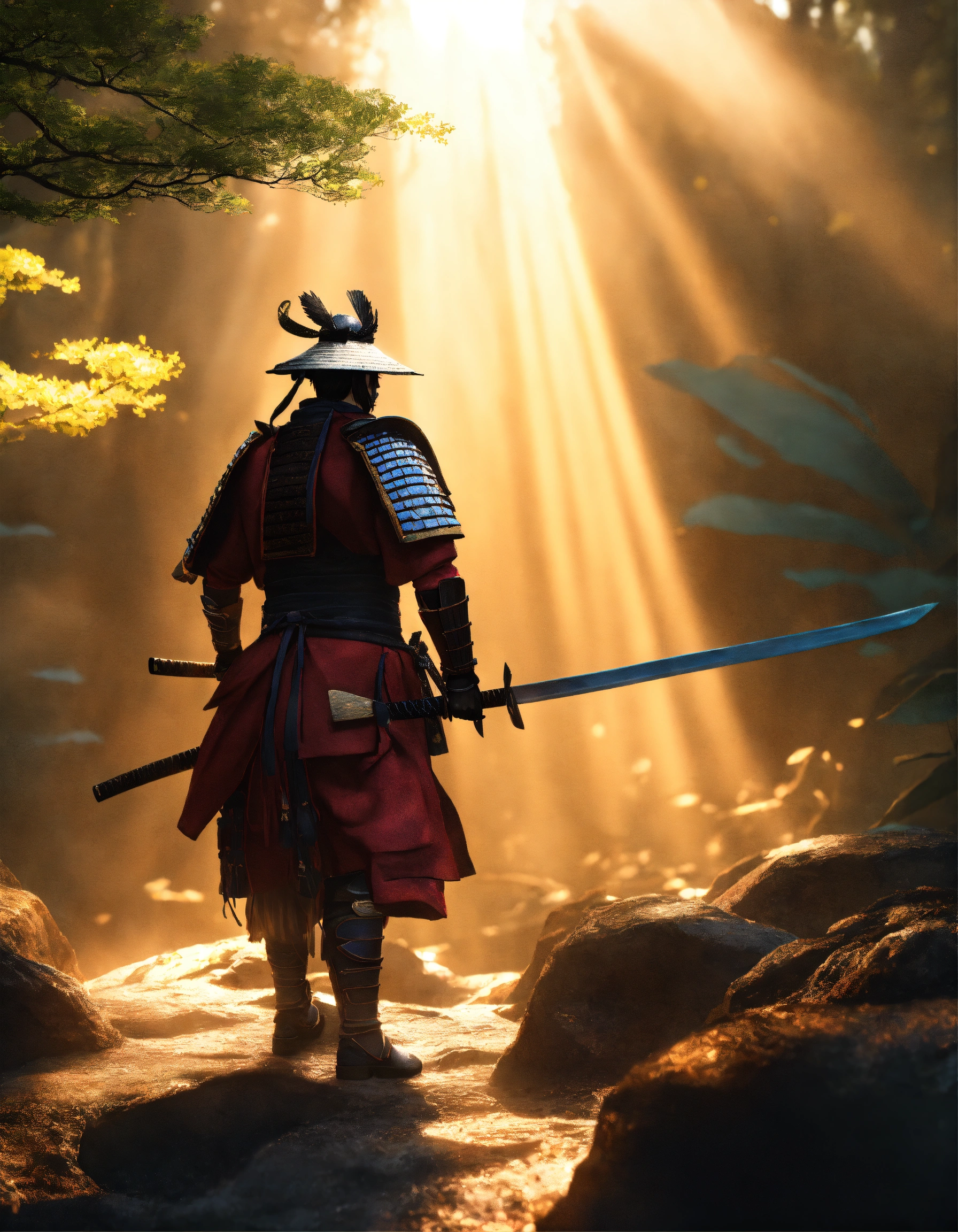 Lexica - Peculiar environment with god rays, samurai warrior, 8K ...