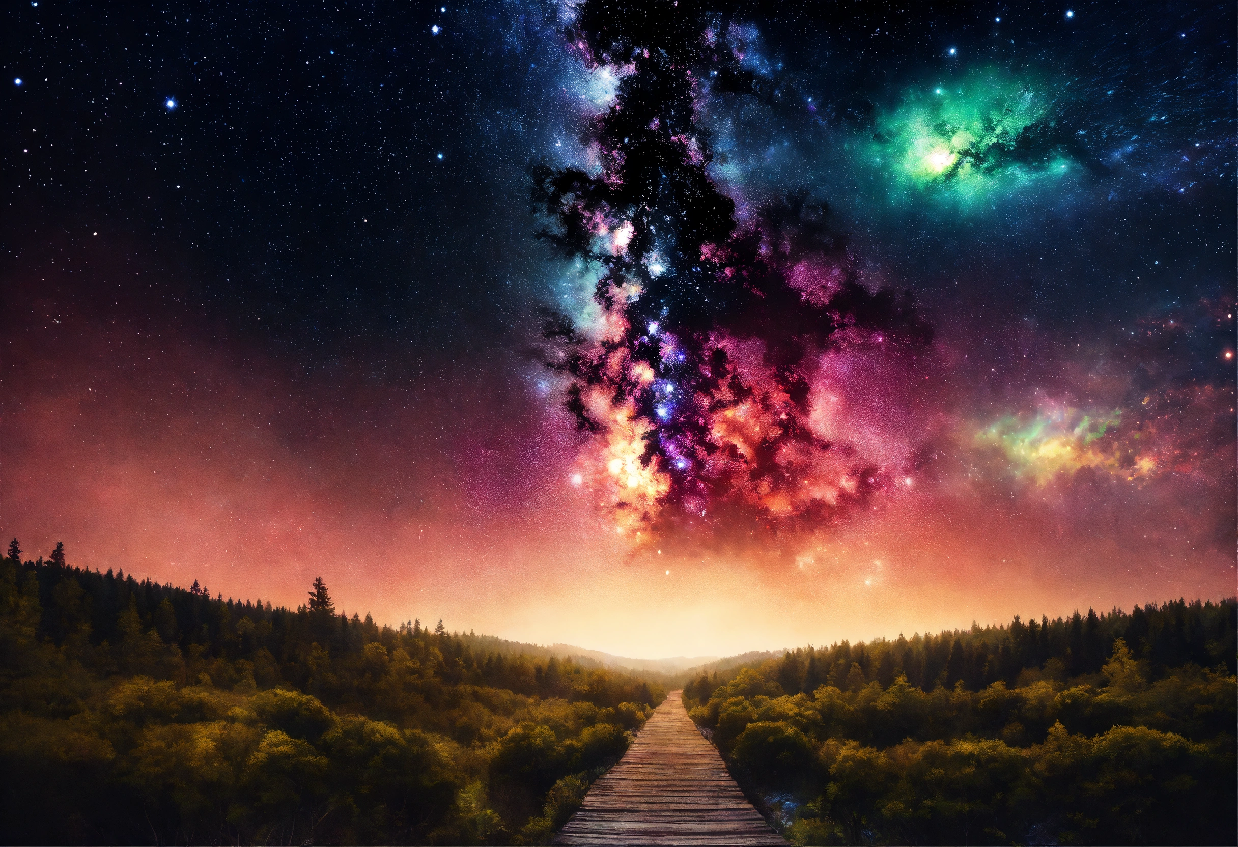 Lexica - Subconscious, landscape, forest, path, galaxy, universe