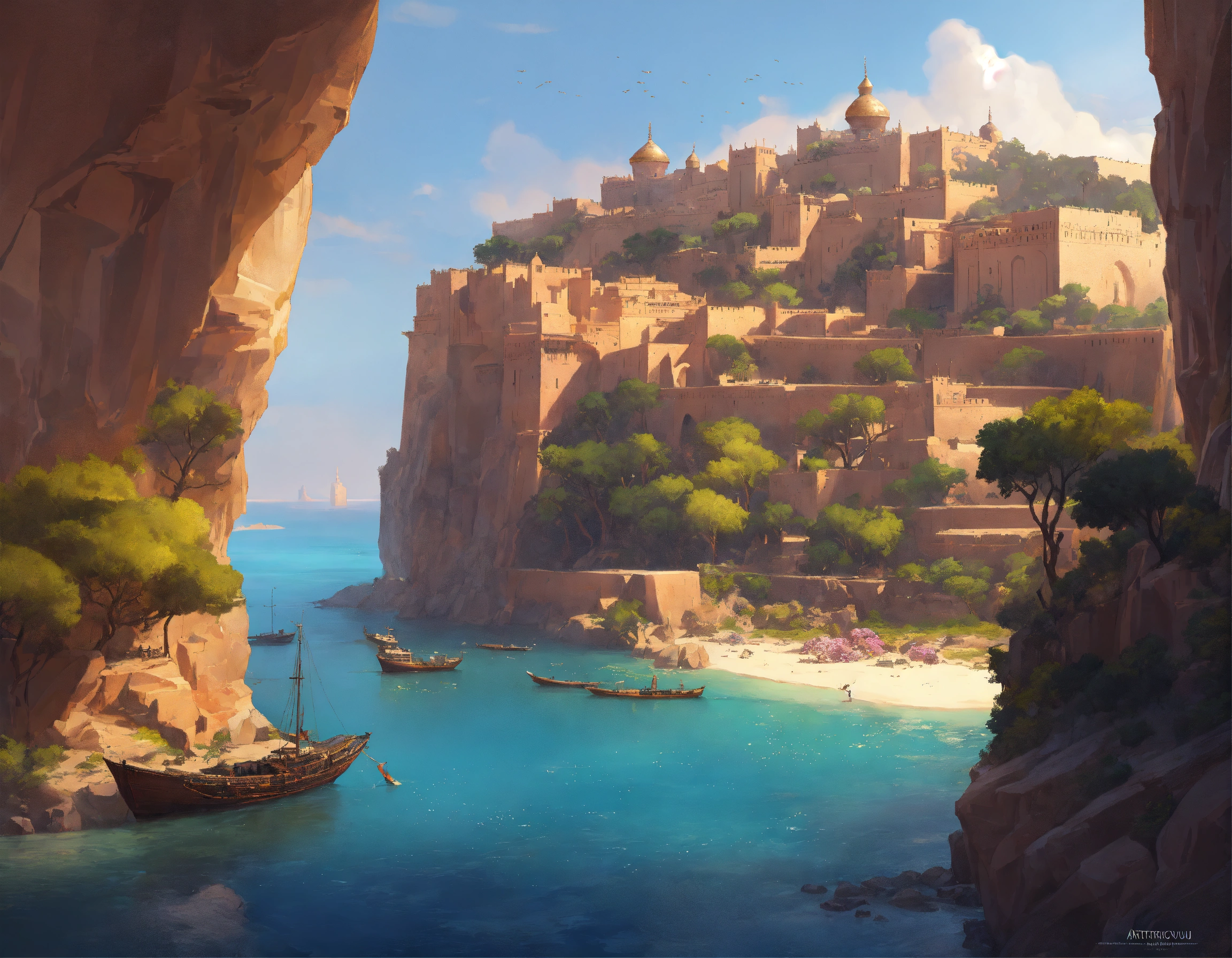 Lexica - Coastal cliffs surrounding a bay with sea and dhow ship ...